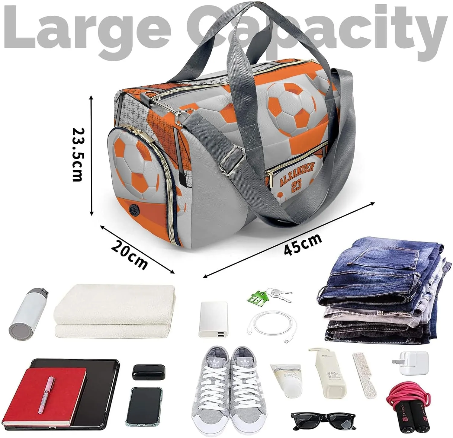 Custom Duffel Overnight Travel Bag for Sports Workout Girls Boys,Ball Athlete Soccer Number Orange Personalized Duffle Bag Gifts