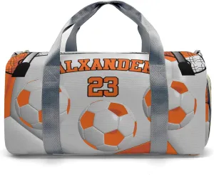 Custom Duffel Overnight Travel Bag for Sports Workout Girls Boys,Ball Athlete Soccer Number Orange Personalized Duffle Bag Gifts