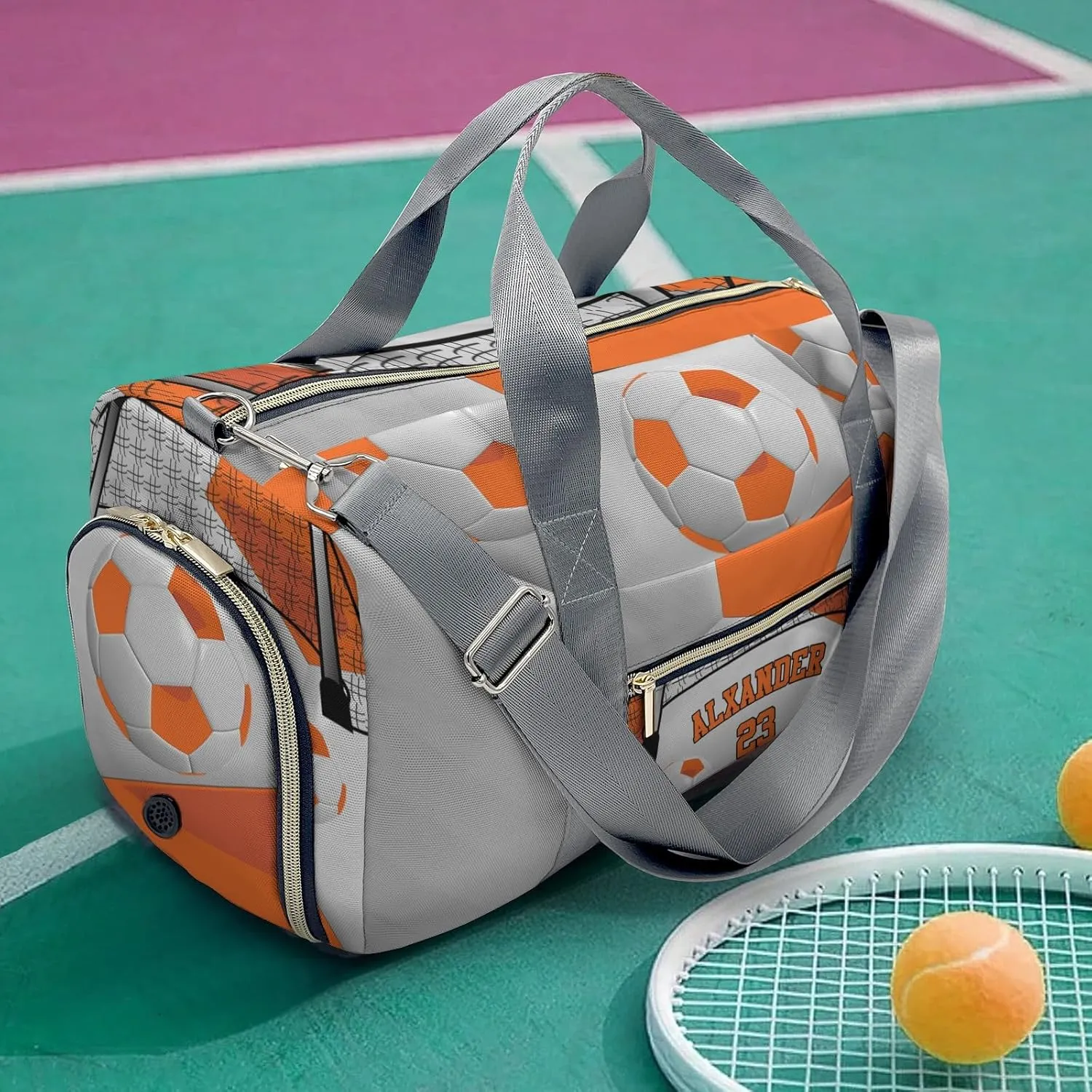 Custom Duffel Overnight Travel Bag for Sports Workout Girls Boys,Ball Athlete Soccer Number Orange Personalized Duffle Bag Gifts