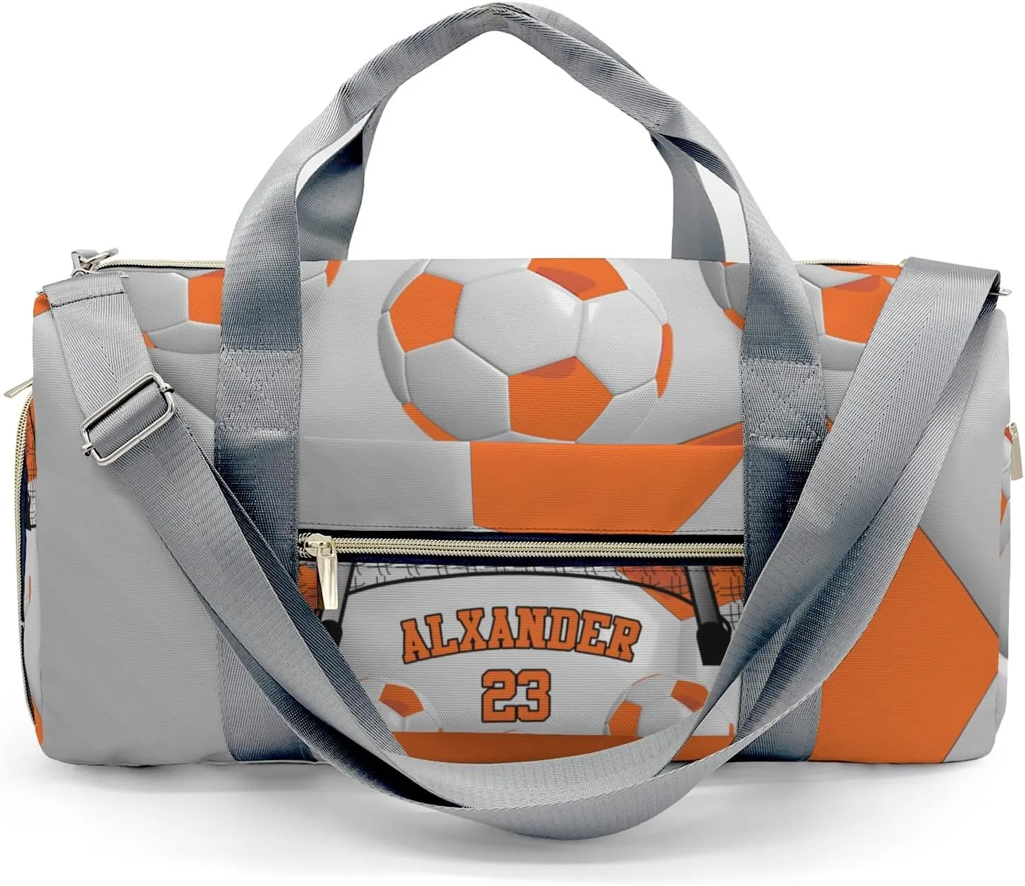 Custom Duffel Overnight Travel Bag for Sports Workout Girls Boys,Ball Athlete Soccer Number Orange Personalized Duffle Bag Gifts