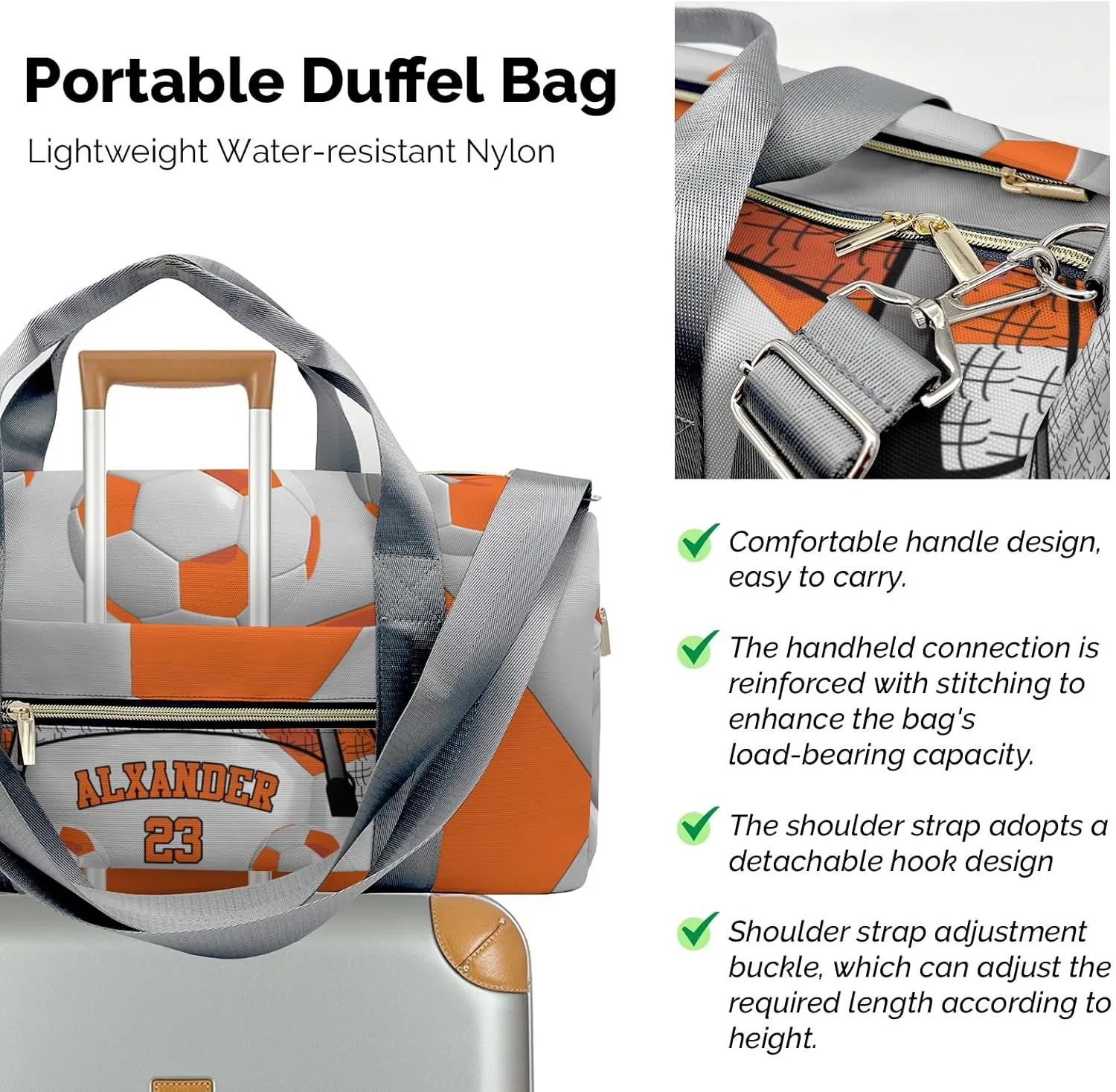 Custom Duffel Overnight Travel Bag for Sports Workout Girls Boys,Ball Athlete Soccer Number Orange Personalized Duffle Bag Gifts