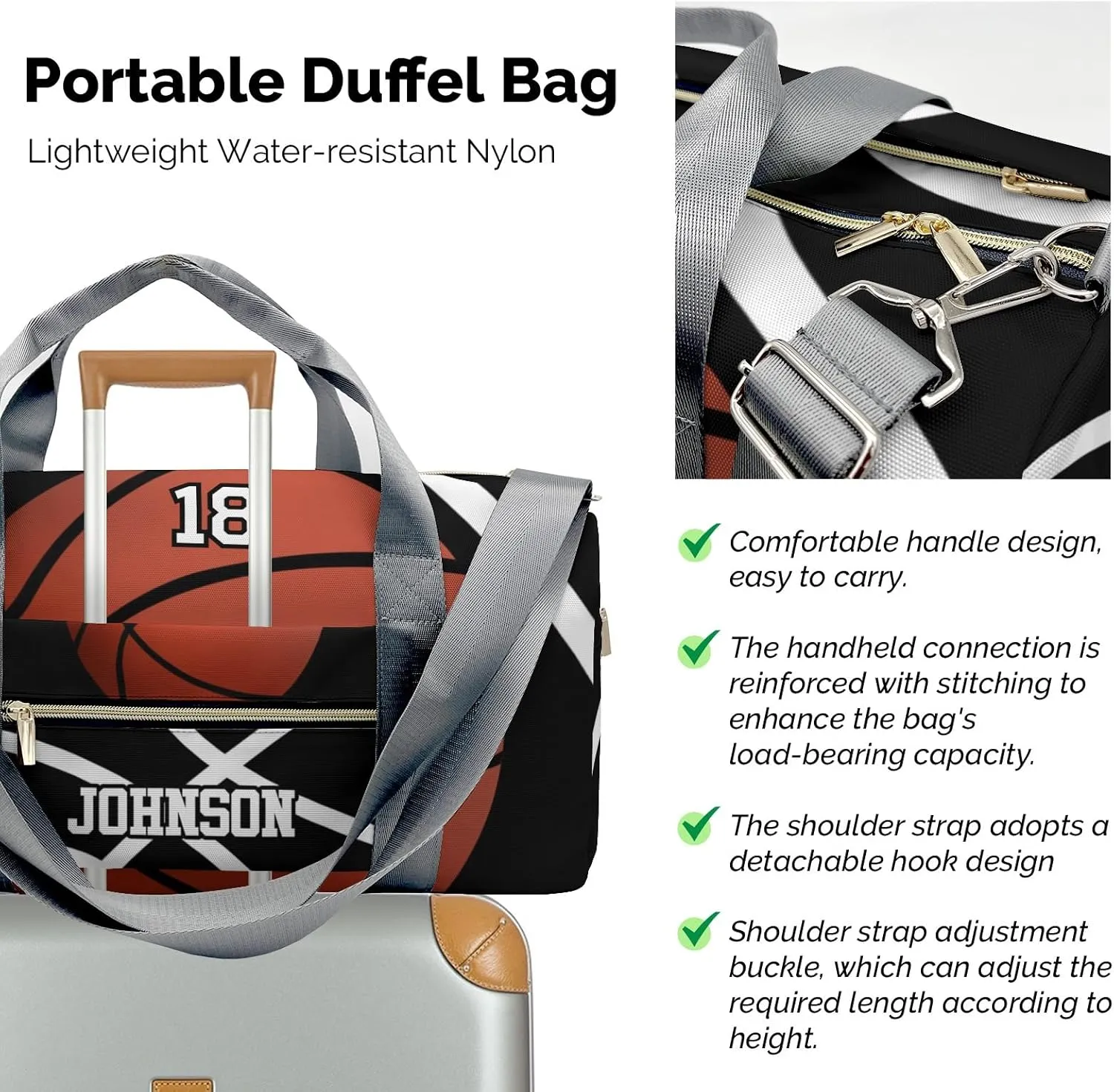 Custom Duffel Overnight Travel Bag for Sports Workout Girls Boys,Basketball Black Personalized Duffle Bag Gifts