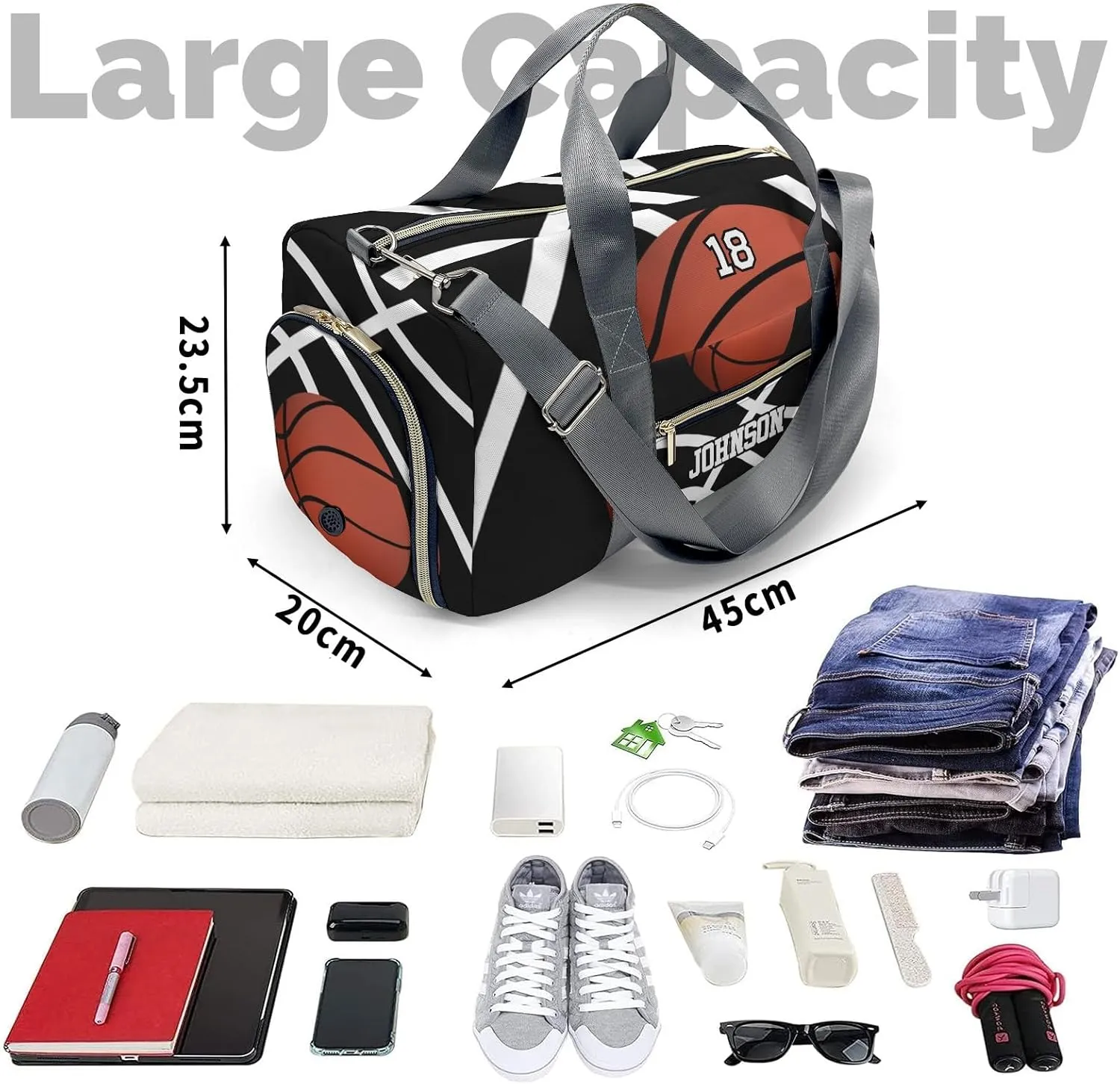 Custom Duffel Overnight Travel Bag for Sports Workout Girls Boys,Basketball Black Personalized Duffle Bag Gifts