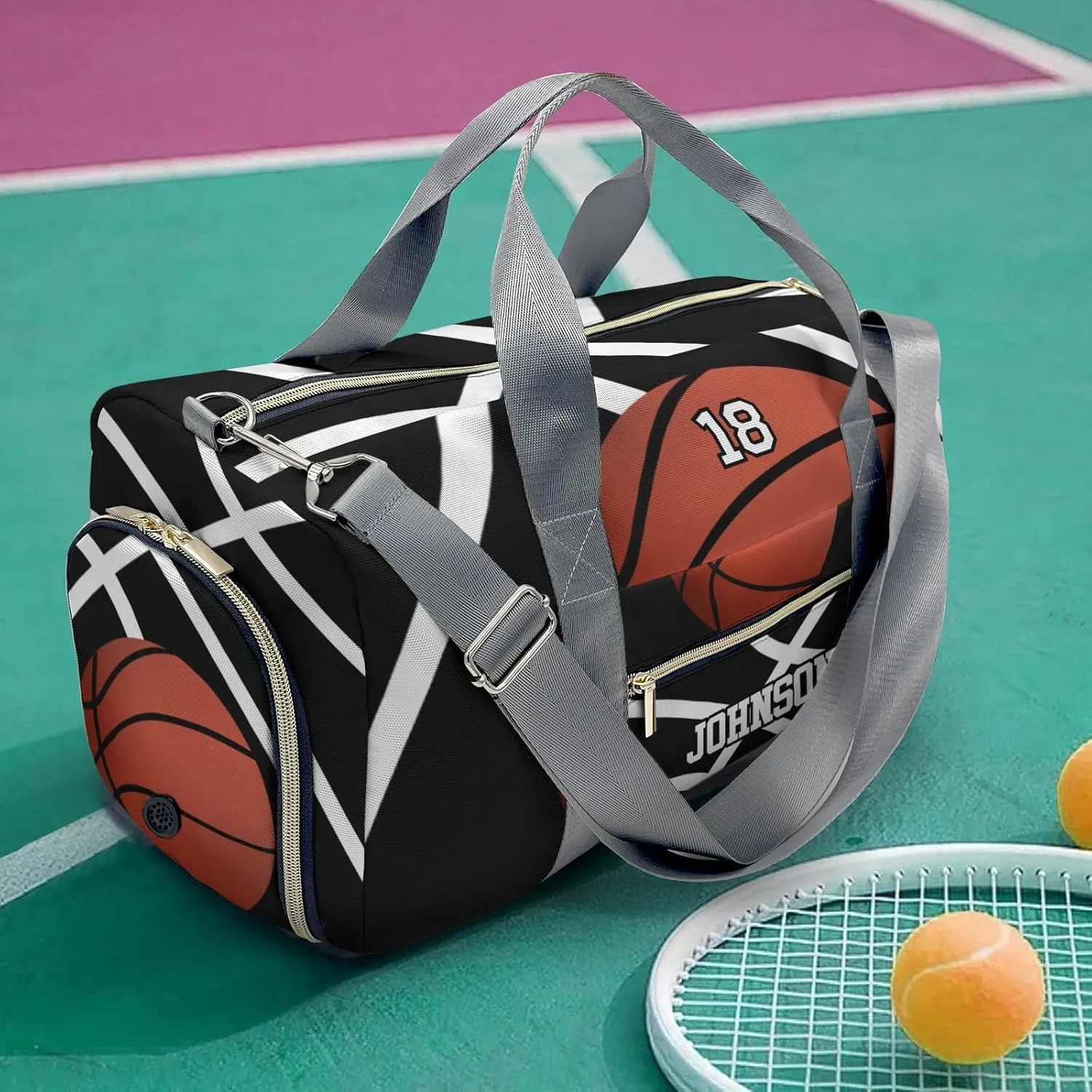 Custom Duffel Overnight Travel Bag for Sports Workout Girls Boys,Basketball Black Personalized Duffle Bag Gifts