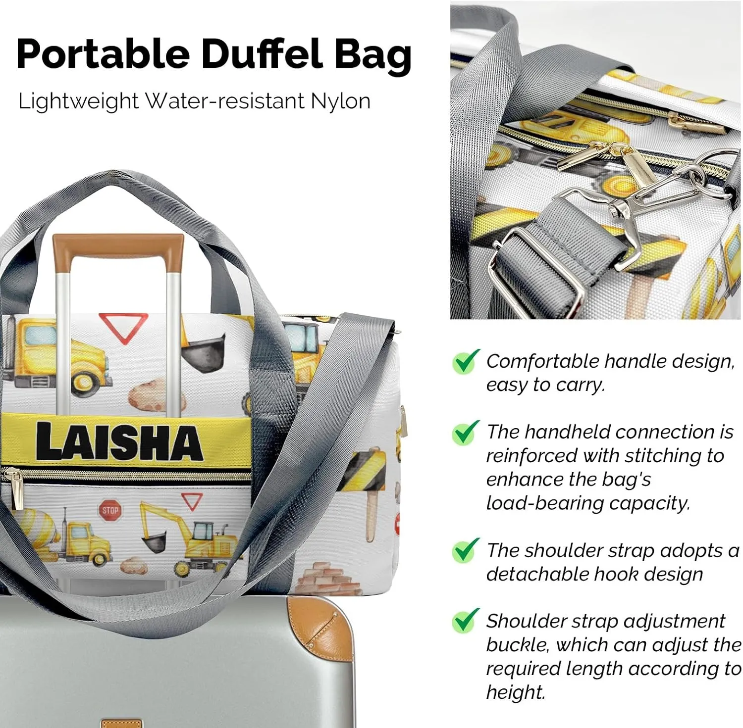 Custom Duffel Overnight Travel Bag for Sports Workout Girls Boys,Big Construction Vehicles Personalized Duffle Bag Gifts