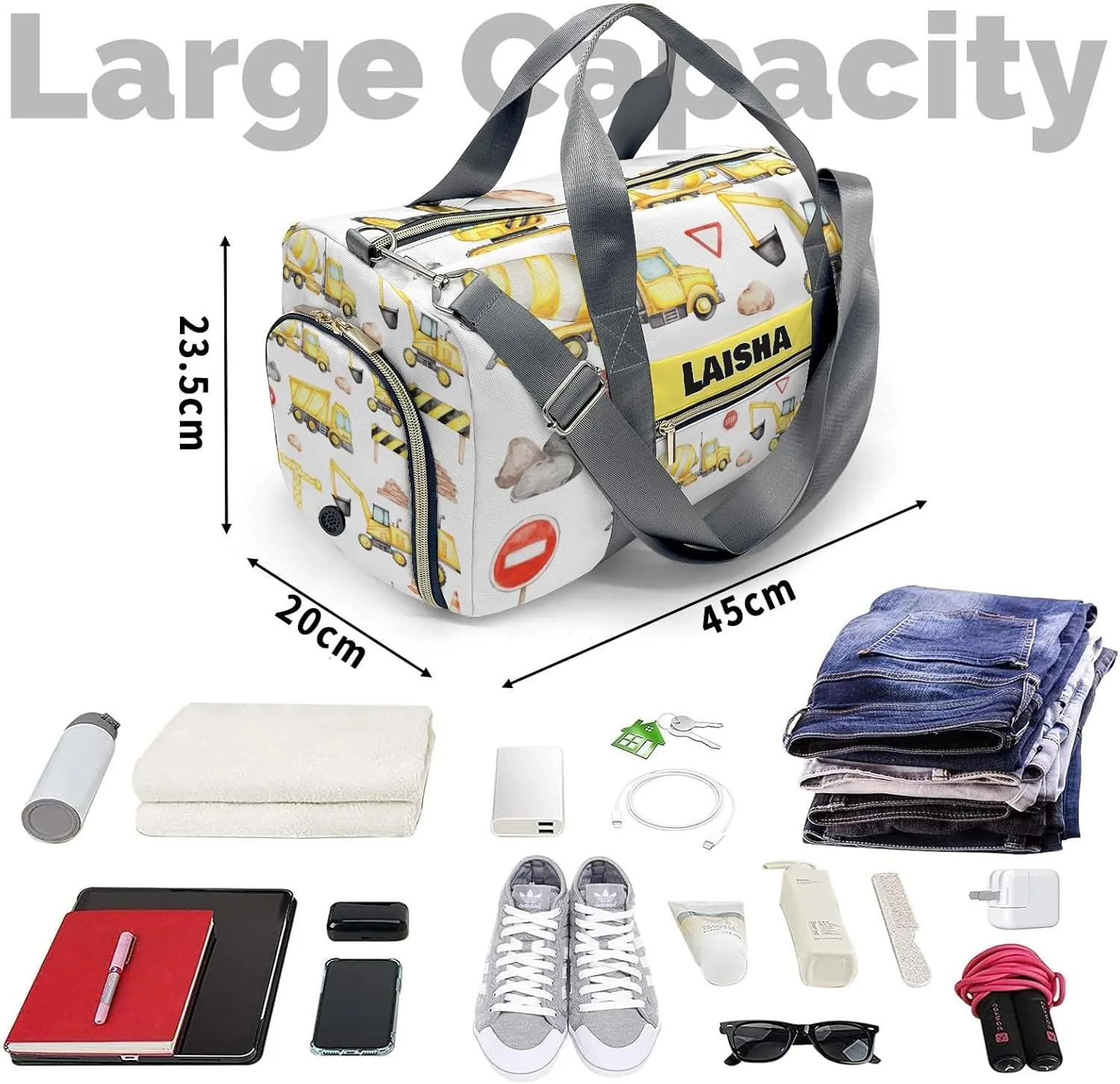 Custom Duffel Overnight Travel Bag for Sports Workout Girls Boys,Big Construction Vehicles Personalized Duffle Bag Gifts