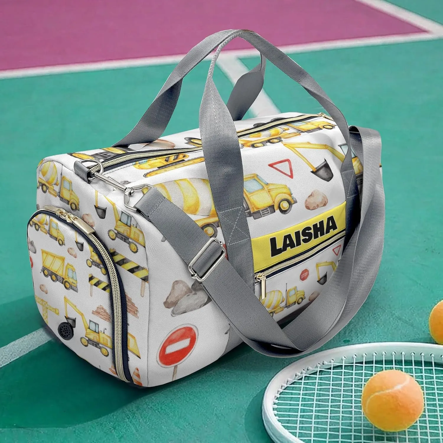 Custom Duffel Overnight Travel Bag for Sports Workout Girls Boys,Big Construction Vehicles Personalized Duffle Bag Gifts
