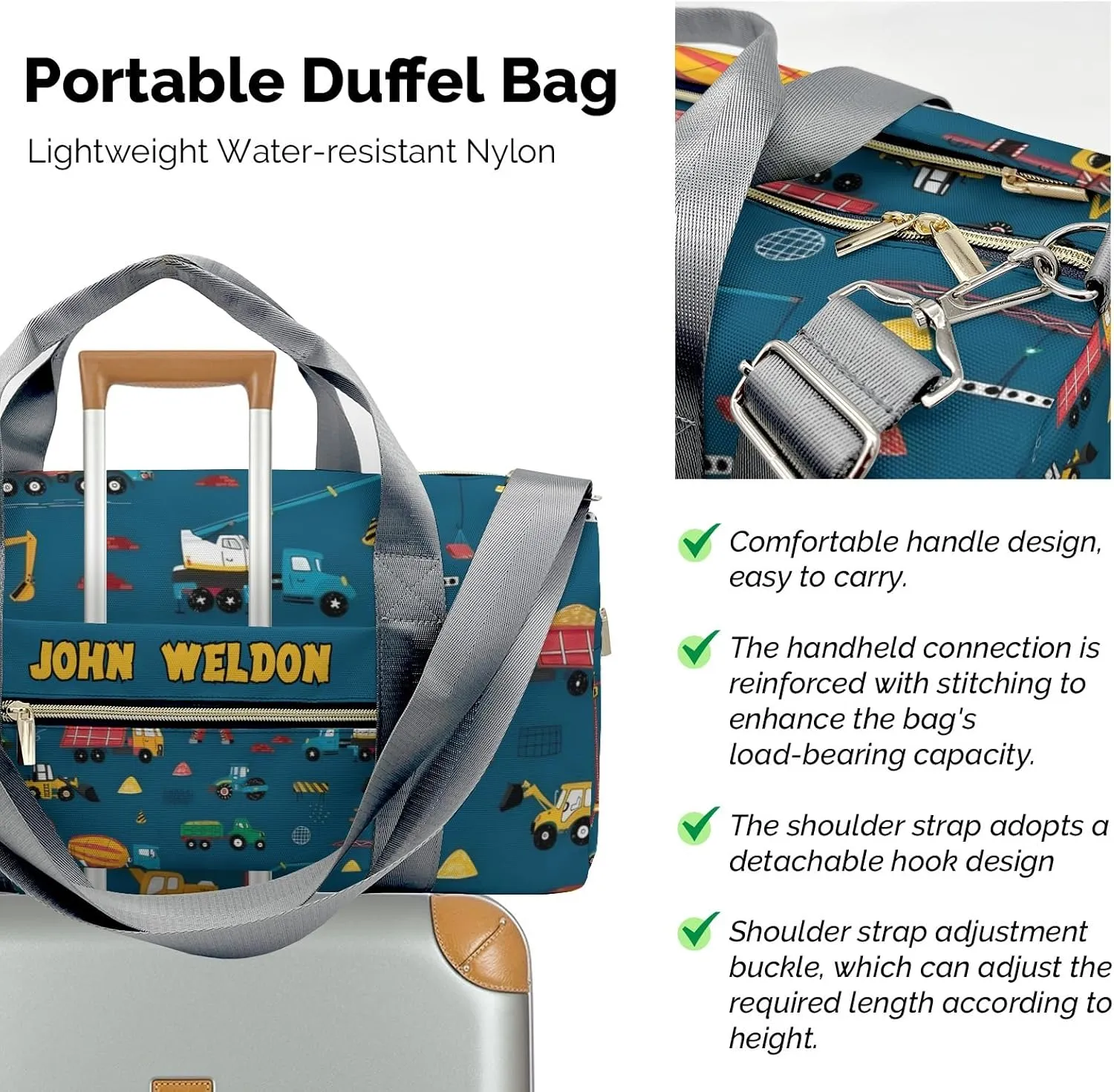 Custom Duffel Overnight Travel Bag for Sports Workout Girls Boys,Cartoon Trucks Crane Jump Personalized Duffle Bag Gifts