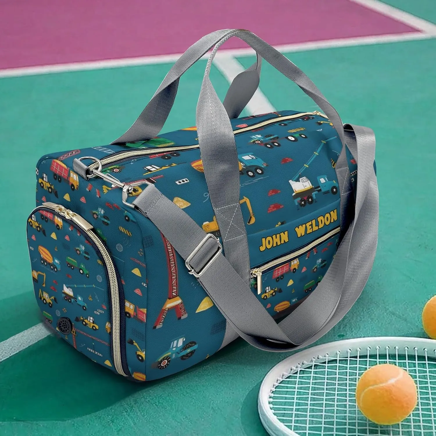 Custom Duffel Overnight Travel Bag for Sports Workout Girls Boys,Cartoon Trucks Crane Jump Personalized Duffle Bag Gifts