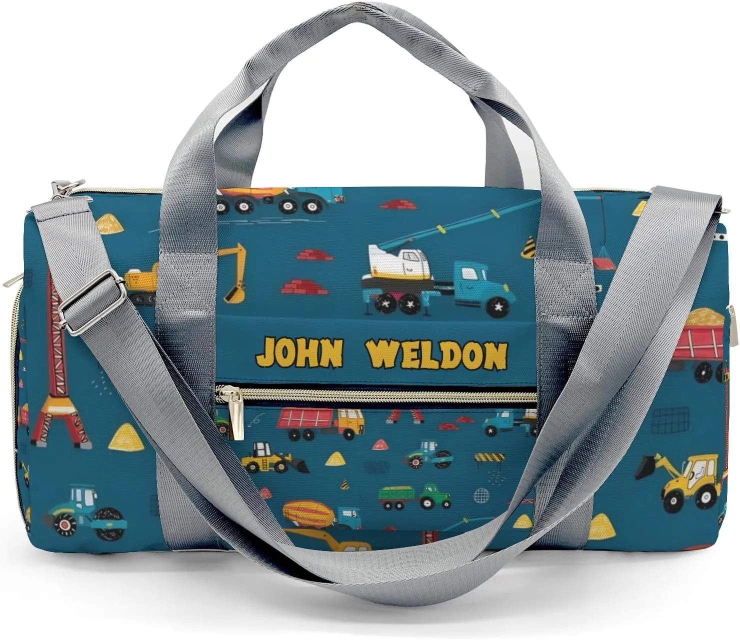 Custom Duffel Overnight Travel Bag for Sports Workout Girls Boys,Cartoon Trucks Crane Jump Personalized Duffle Bag Gifts
