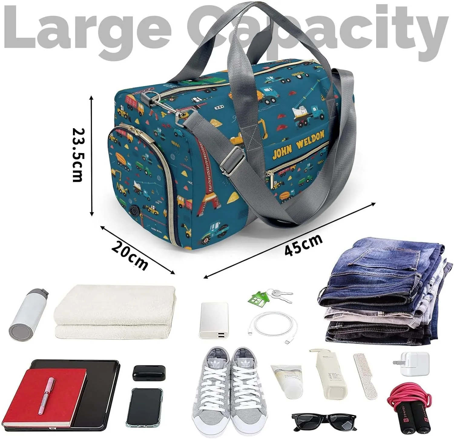 Custom Duffel Overnight Travel Bag for Sports Workout Girls Boys,Cartoon Trucks Crane Jump Personalized Duffle Bag Gifts