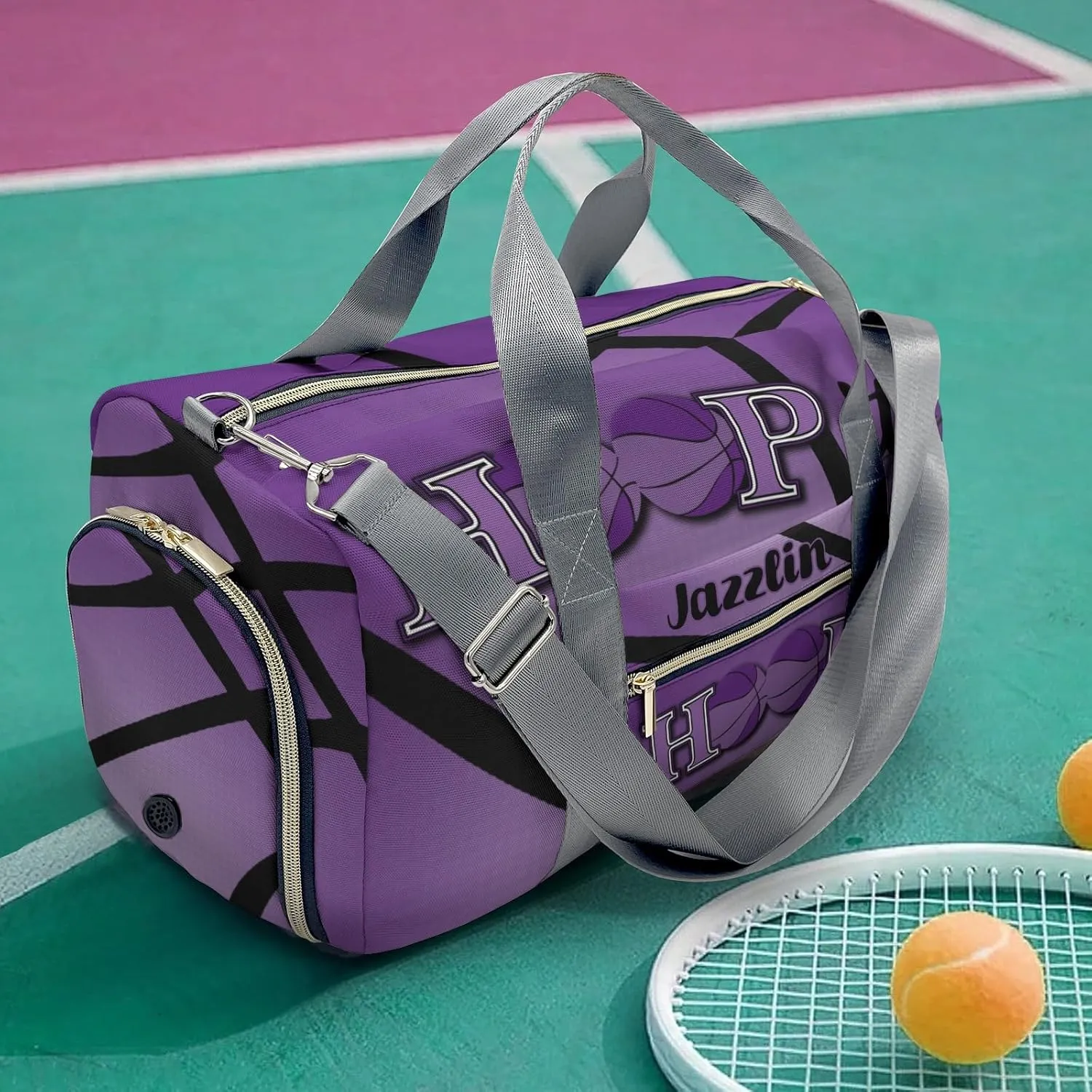 Custom Duffel Overnight Travel Bag for Sports Workout Girls Boys,Hoop it Basketball Purple Personalized Duffle Bag Gifts