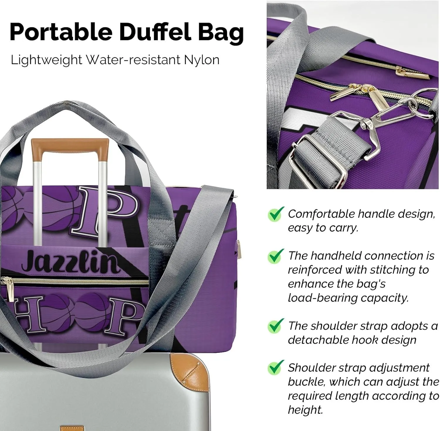 Custom Duffel Overnight Travel Bag for Sports Workout Girls Boys,Hoop it Basketball Purple Personalized Duffle Bag Gifts