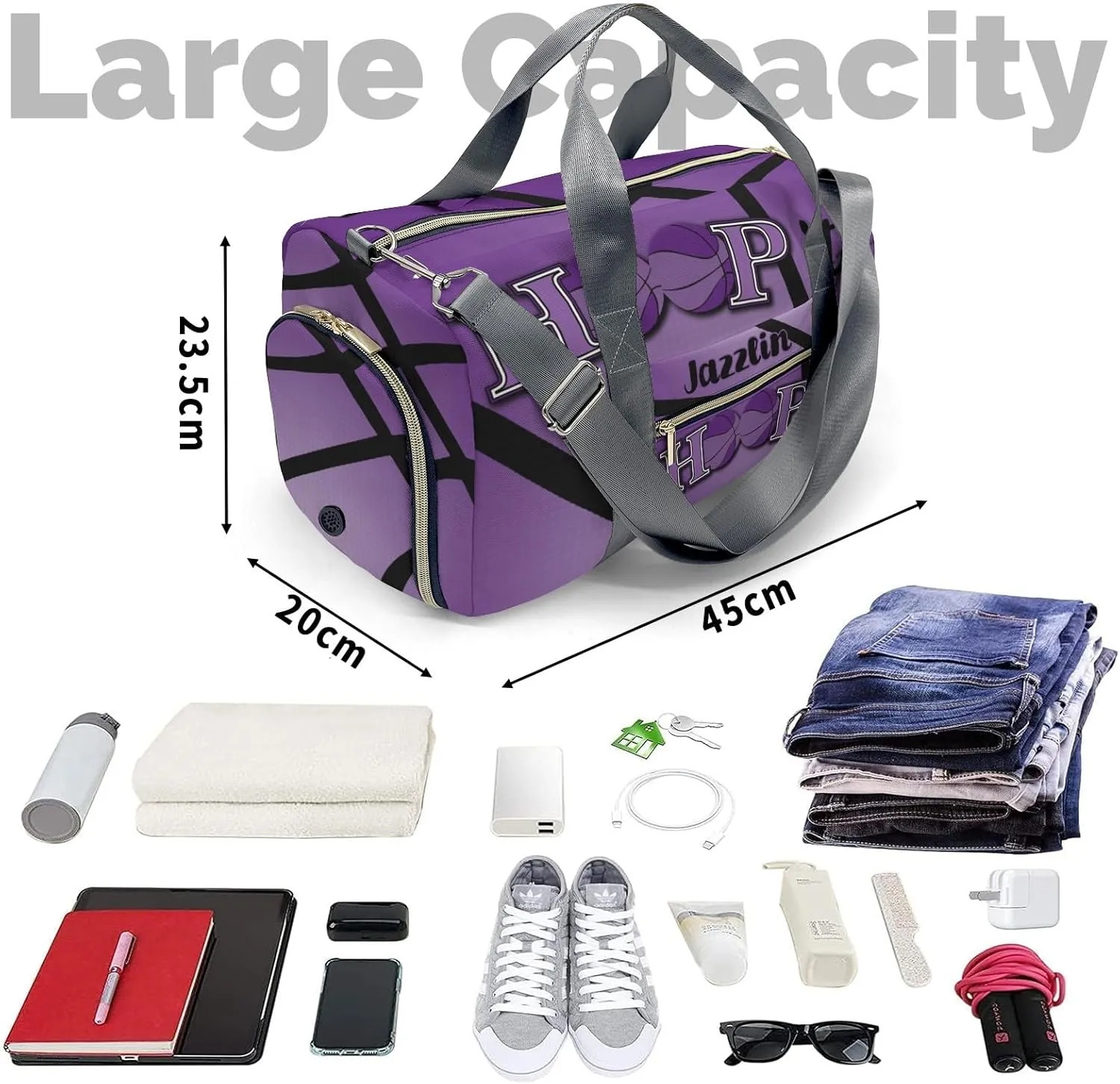 Custom Duffel Overnight Travel Bag for Sports Workout Girls Boys,Hoop it Basketball Purple Personalized Duffle Bag Gifts