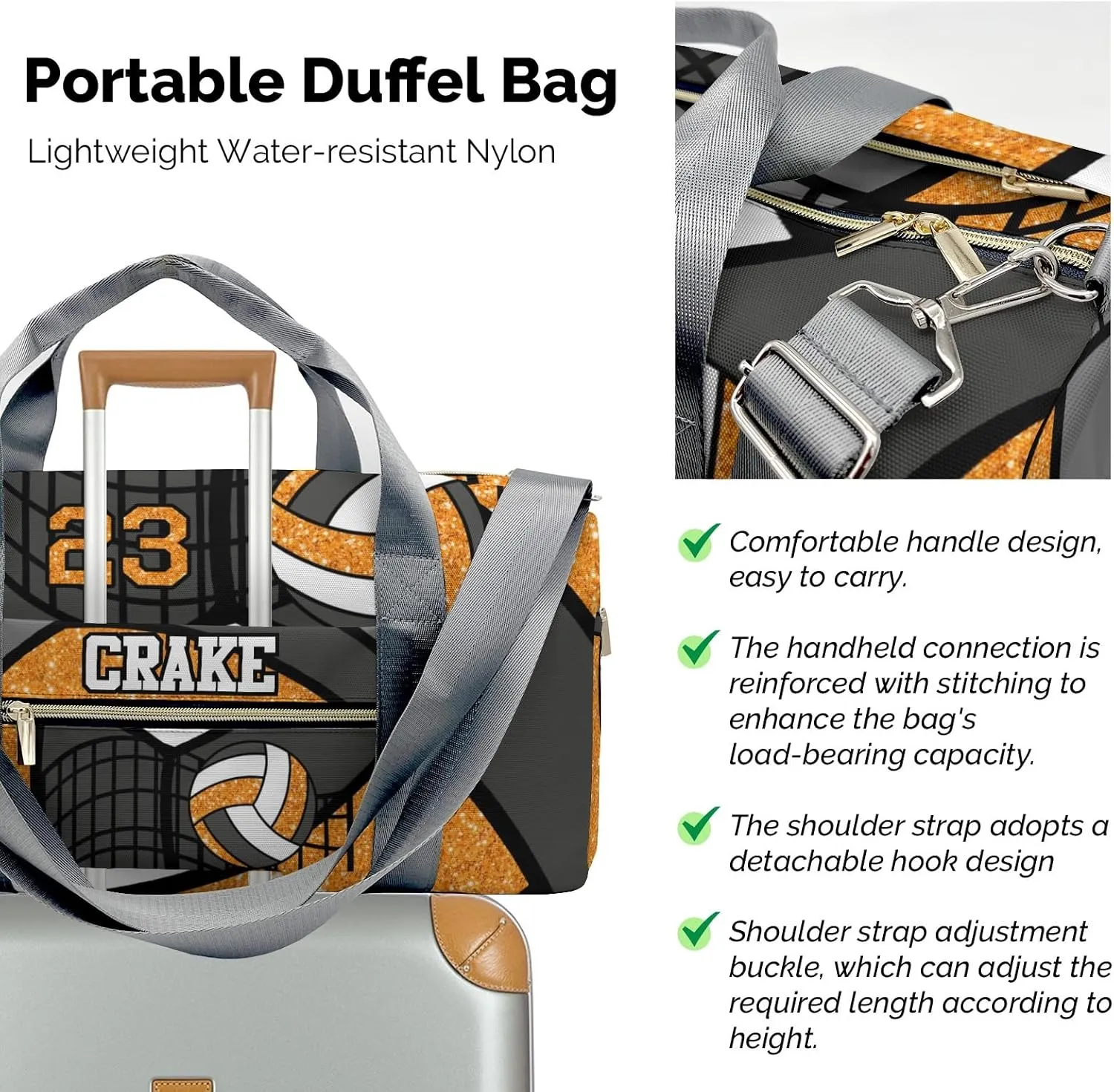 Custom Duffel Overnight Travel Bag for Sports Workout Girls Boys,Volleyball Glitter Orange Personalized Duffle Bag Gifts