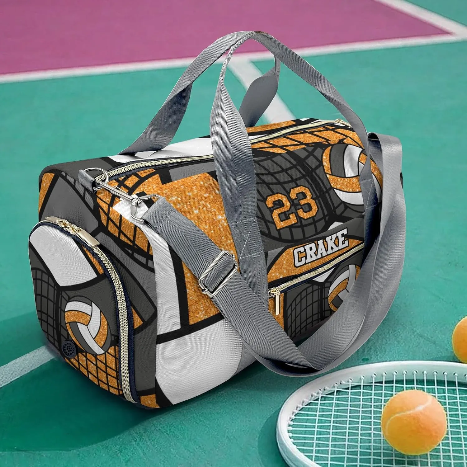 Custom Duffel Overnight Travel Bag for Sports Workout Girls Boys,Volleyball Glitter Orange Personalized Duffle Bag Gifts