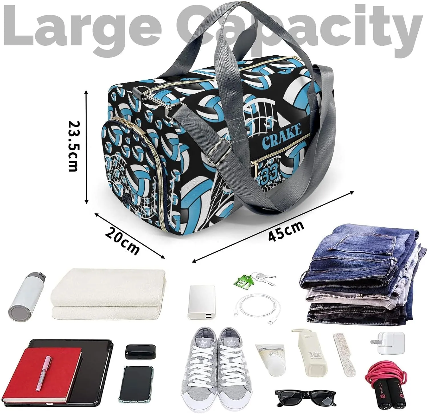 Custom Duffel Overnight Travel Bag for Sports Workout Girls Boys,Volleyball Sky Blue Personalized Duffle Bag Gifts