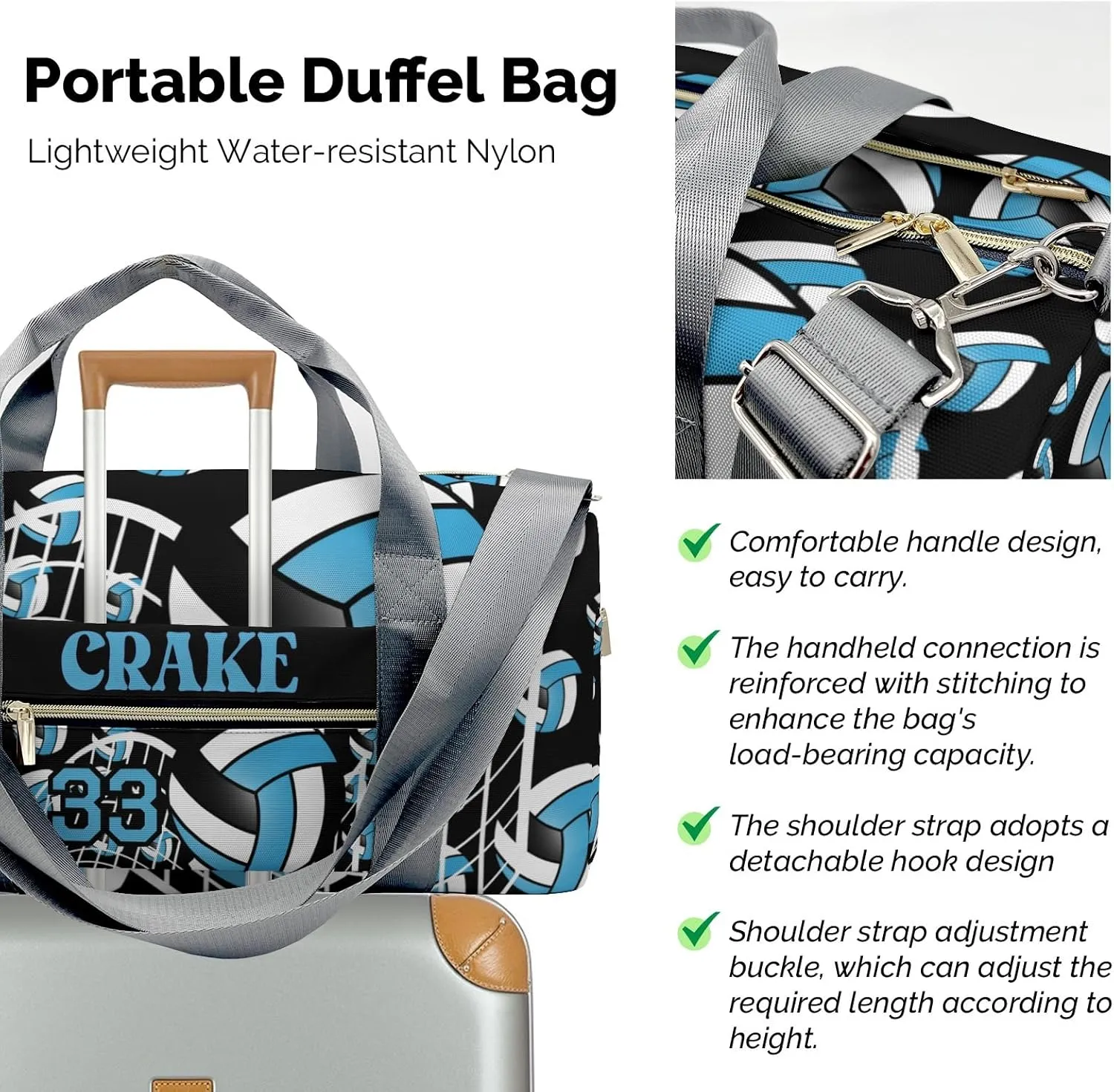 Custom Duffel Overnight Travel Bag for Sports Workout Girls Boys,Volleyball Sky Blue Personalized Duffle Bag Gifts