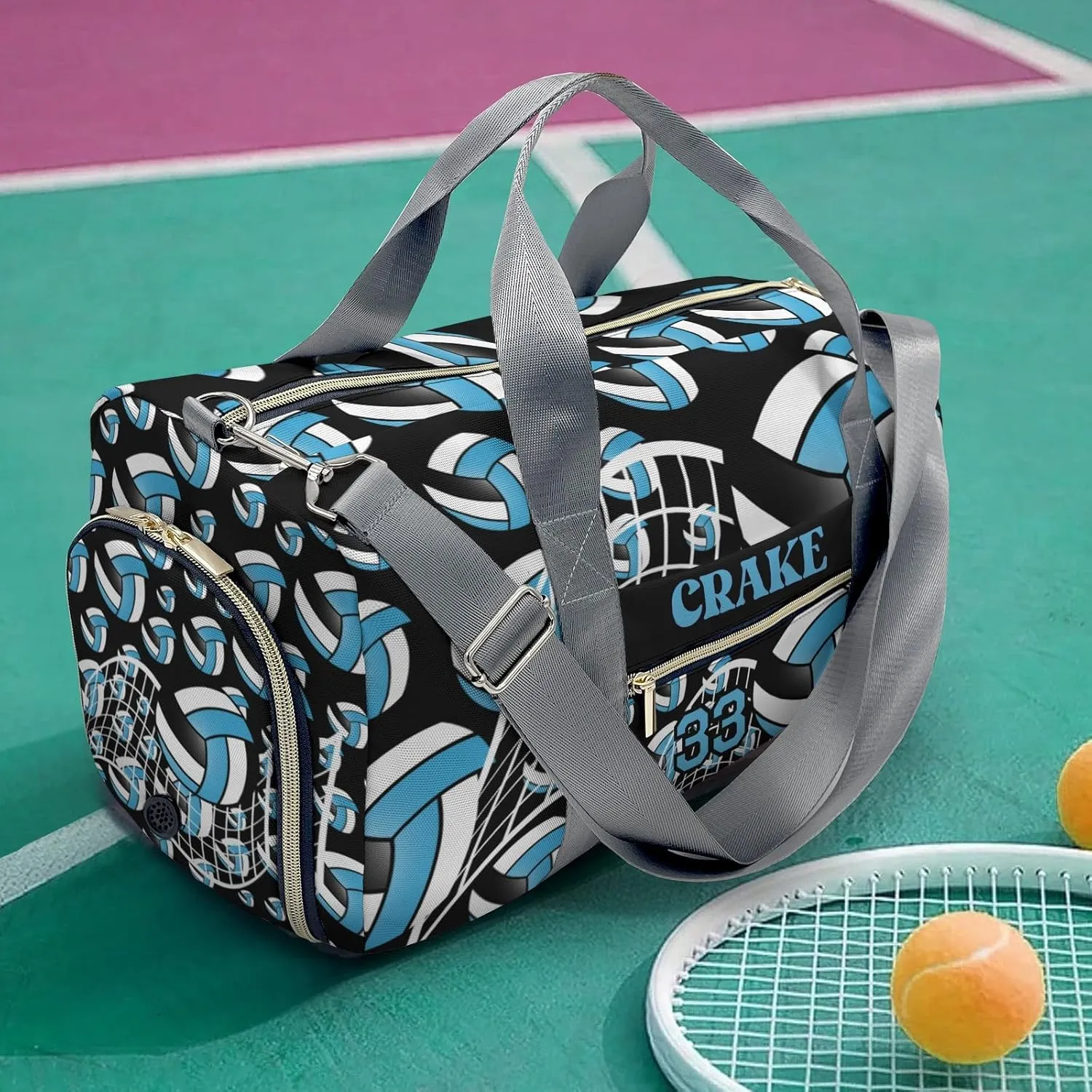Custom Duffel Overnight Travel Bag for Sports Workout Girls Boys,Volleyball Sky Blue Personalized Duffle Bag Gifts