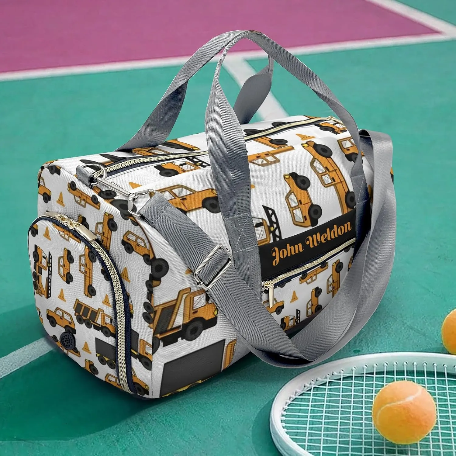 Custom Duffel Overnight Travel Bag for Sports Workout Girls Boys,Work Car Trucks White Personalized Duffle Bag Gifts
