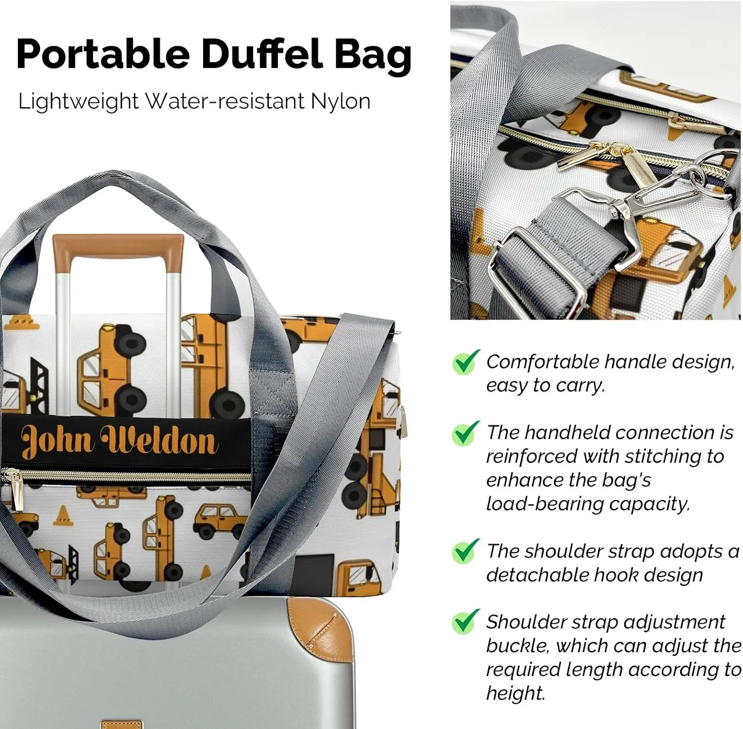 Custom Duffel Overnight Travel Bag for Sports Workout Girls Boys,Work Car Trucks White Personalized Duffle Bag Gifts
