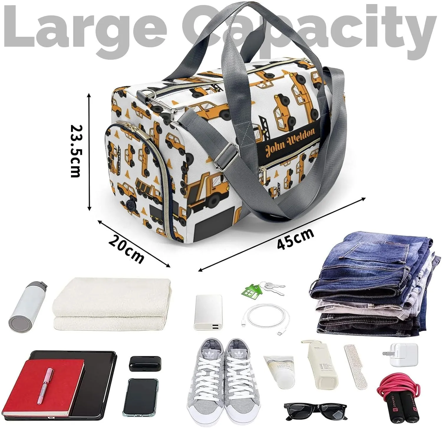 Custom Duffel Overnight Travel Bag for Sports Workout Girls Boys,Work Car Trucks White Personalized Duffle Bag Gifts