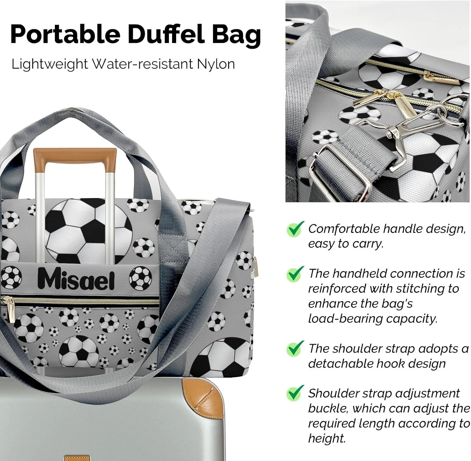 Custom Gift Sport Player Duffel Bag for Sport Soccer Ball Player Gray Travel Weekender Bag,Overnight Bag Carry On Sports Bag