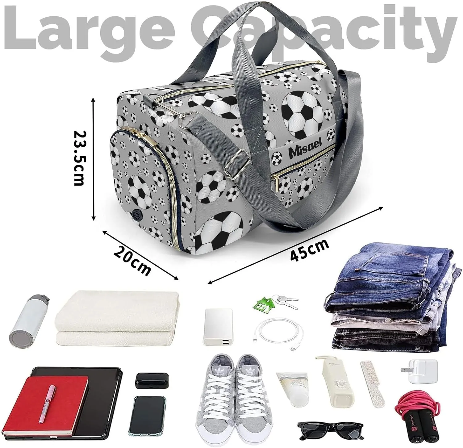 Custom Gift Sport Player Duffel Bag for Sport Soccer Ball Player Gray Travel Weekender Bag,Overnight Bag Carry On Sports Bag