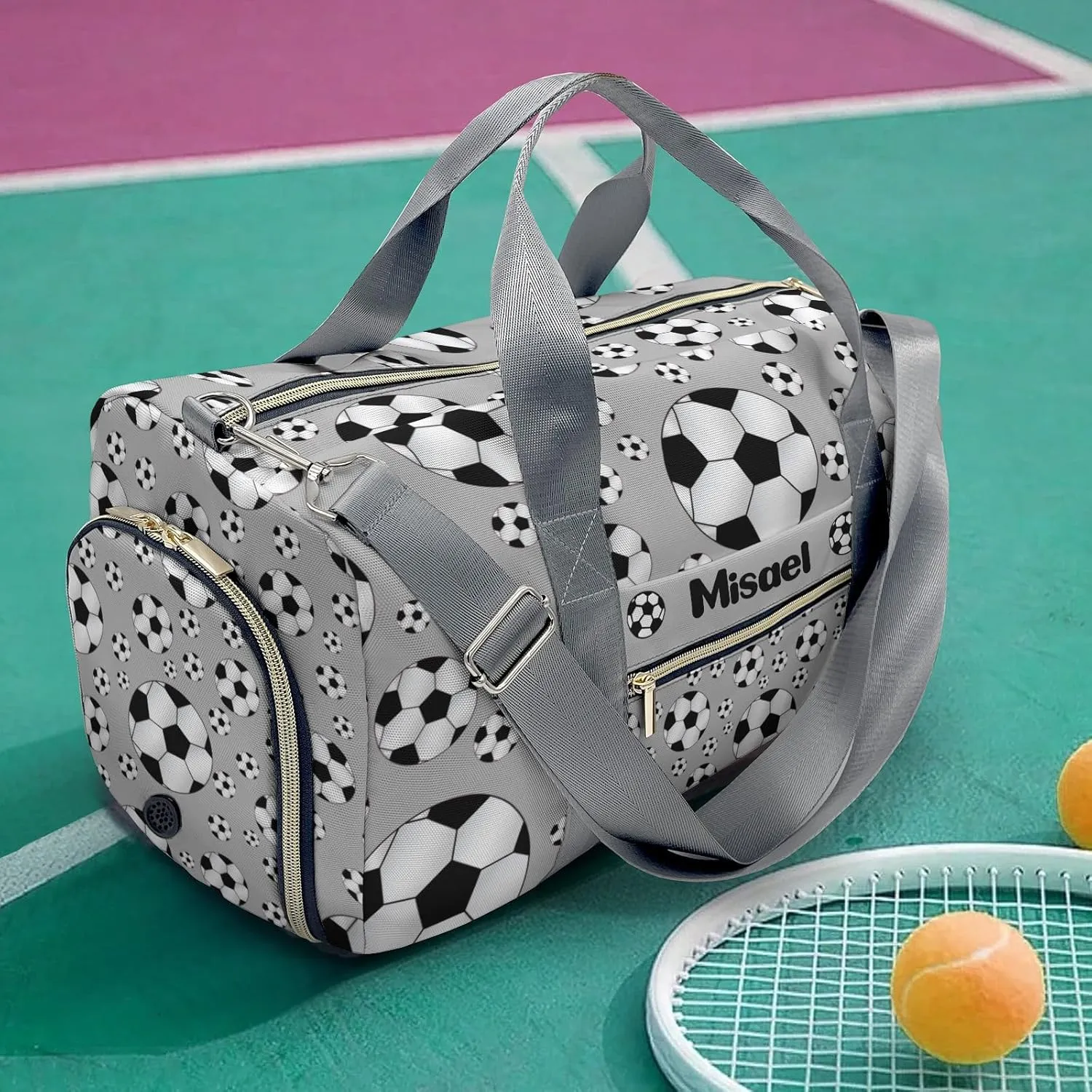 Custom Gift Sport Player Duffel Bag for Sport Soccer Ball Player Gray Travel Weekender Bag,Overnight Bag Carry On Sports Bag