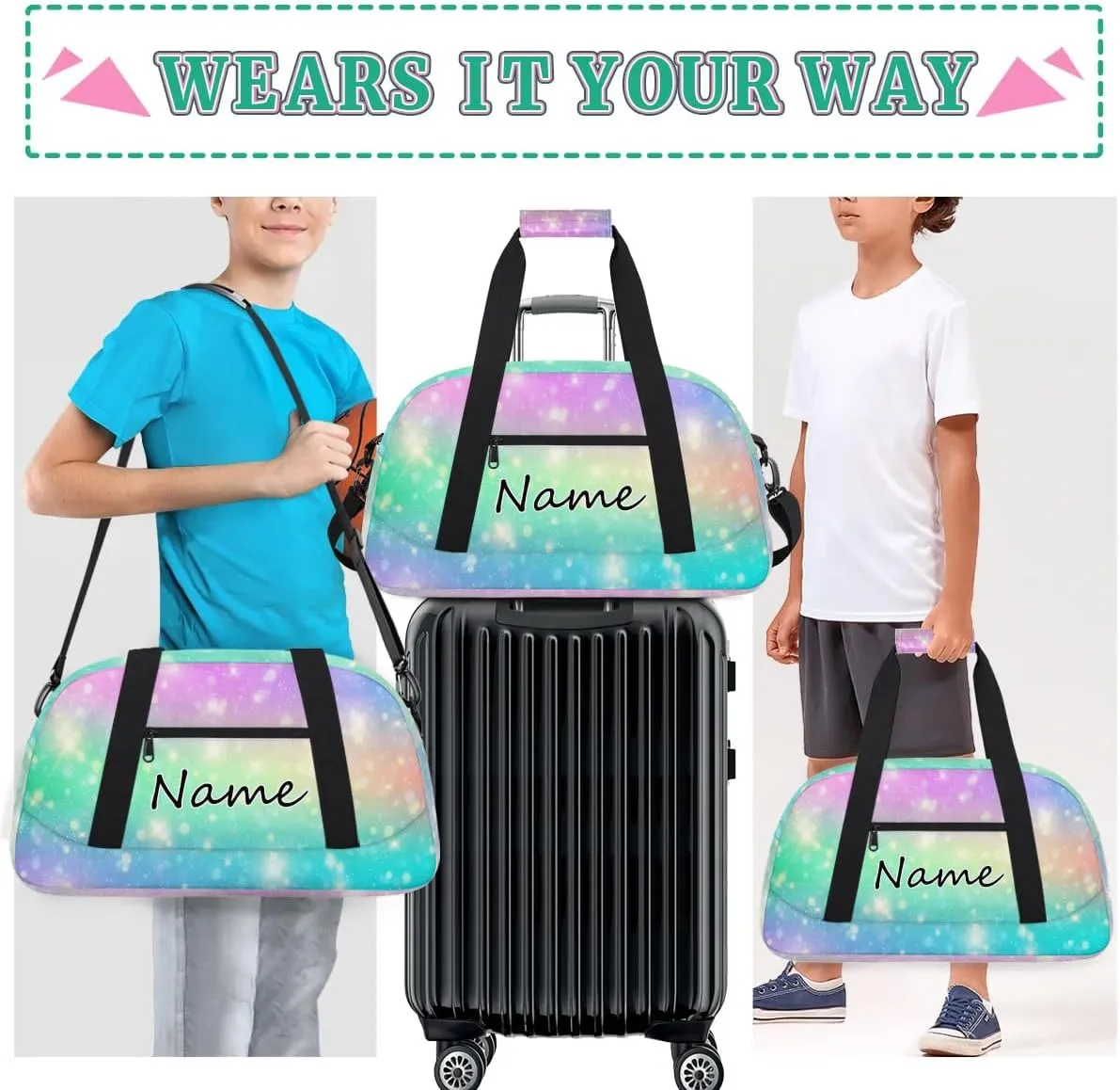 Custom Gym Bag for Women Men, Personalized Duffel Bag with Name, Small Sports Gym Bag Travel Duffle Bag Weekender Carry On Overnight Bags Watercolor Glitter