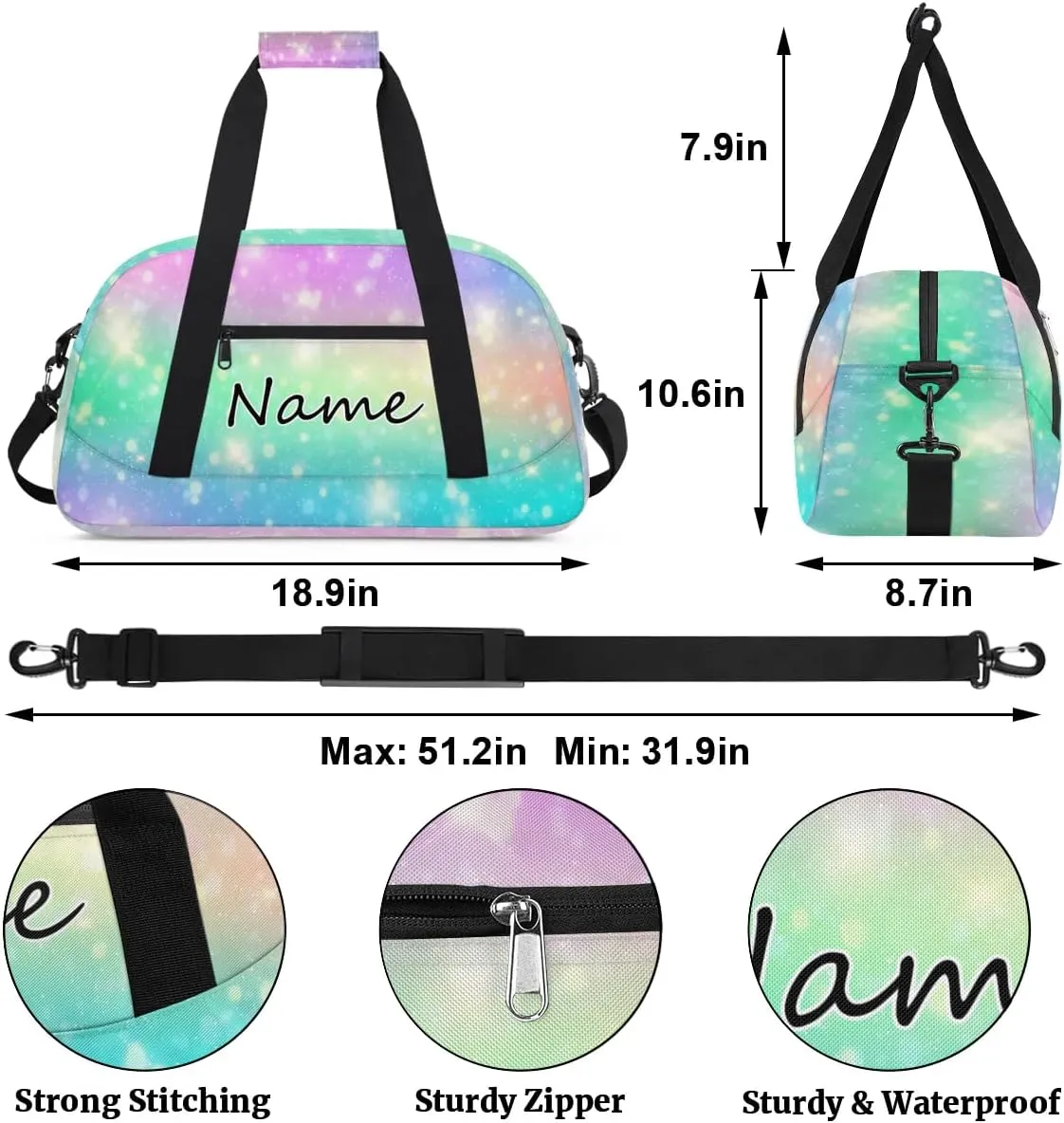 Custom Gym Bag for Women Men, Personalized Duffel Bag with Name, Small Sports Gym Bag Travel Duffle Bag Weekender Carry On Overnight Bags Watercolor Glitter