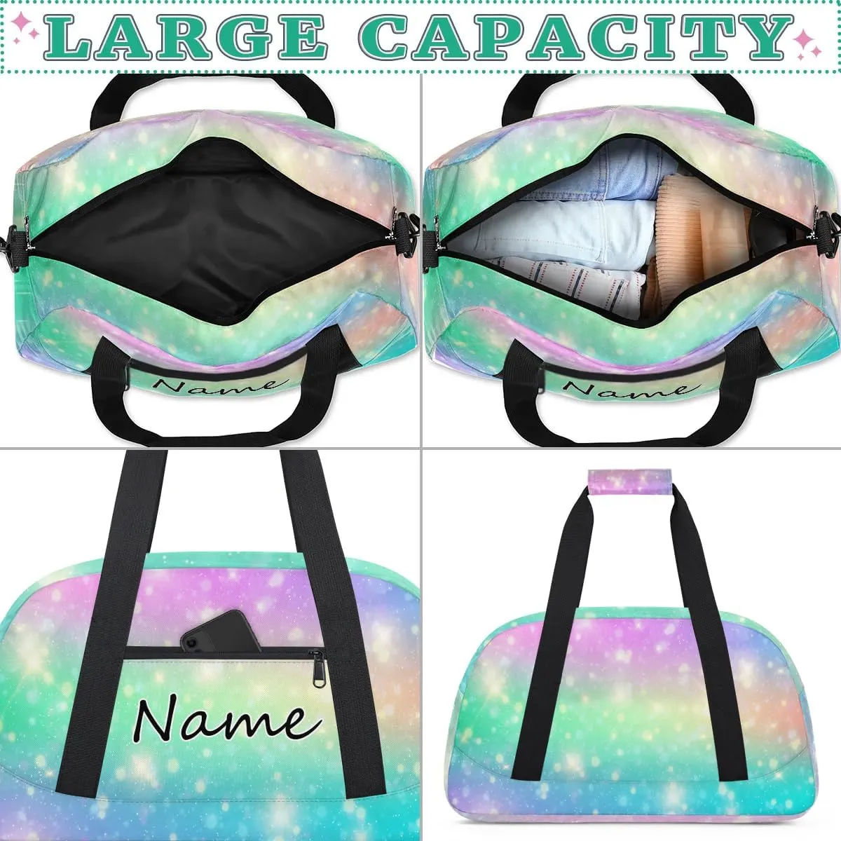 Custom Gym Bag for Women Men, Personalized Duffel Bag with Name, Small Sports Gym Bag Travel Duffle Bag Weekender Carry On Overnight Bags Watercolor Glitter