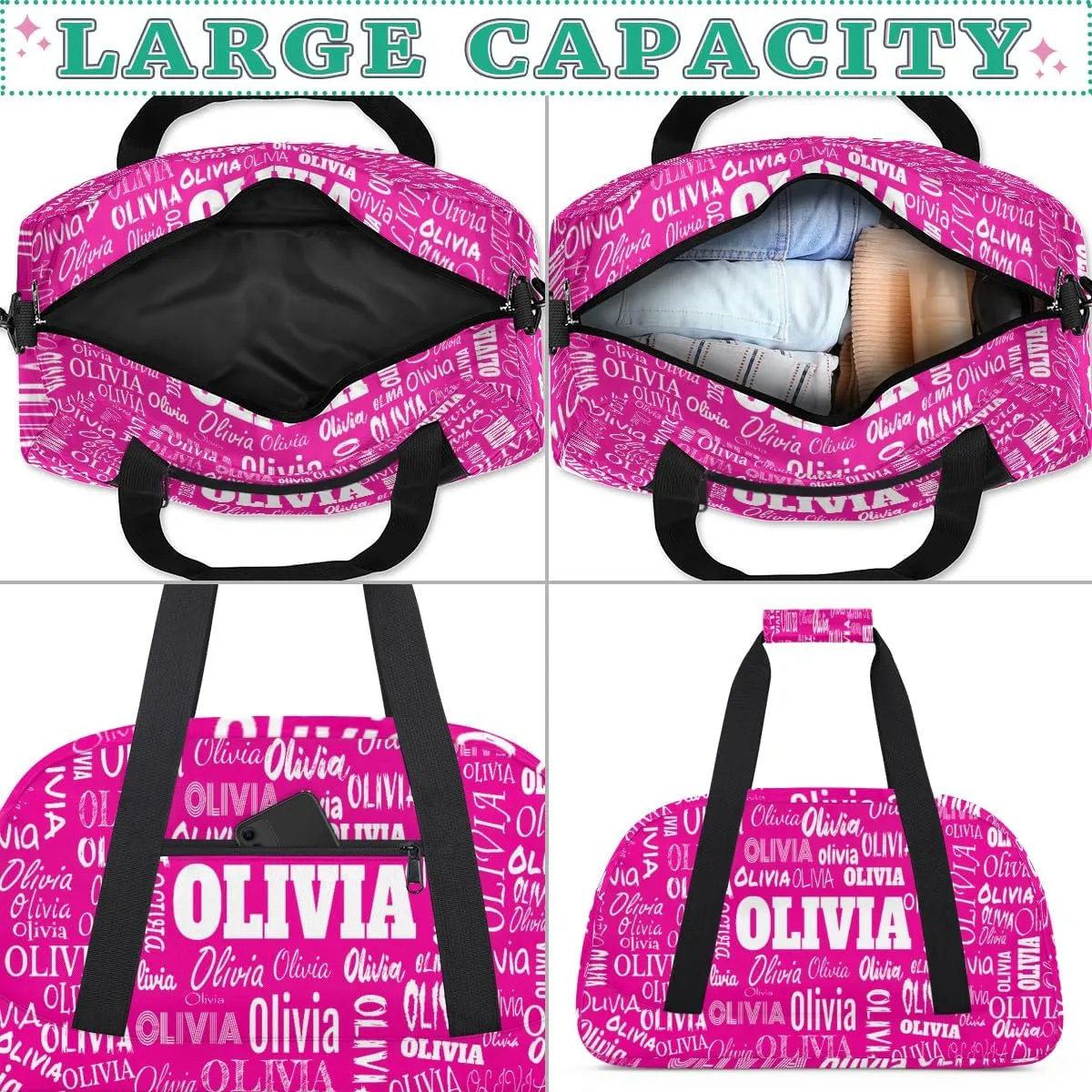 Custom Gym Dance Bag for Girls, Personalized Sports Bag for Teens Girls Waterproof Weekender Carry Practice Travel Bag, Deep Pink Rosy