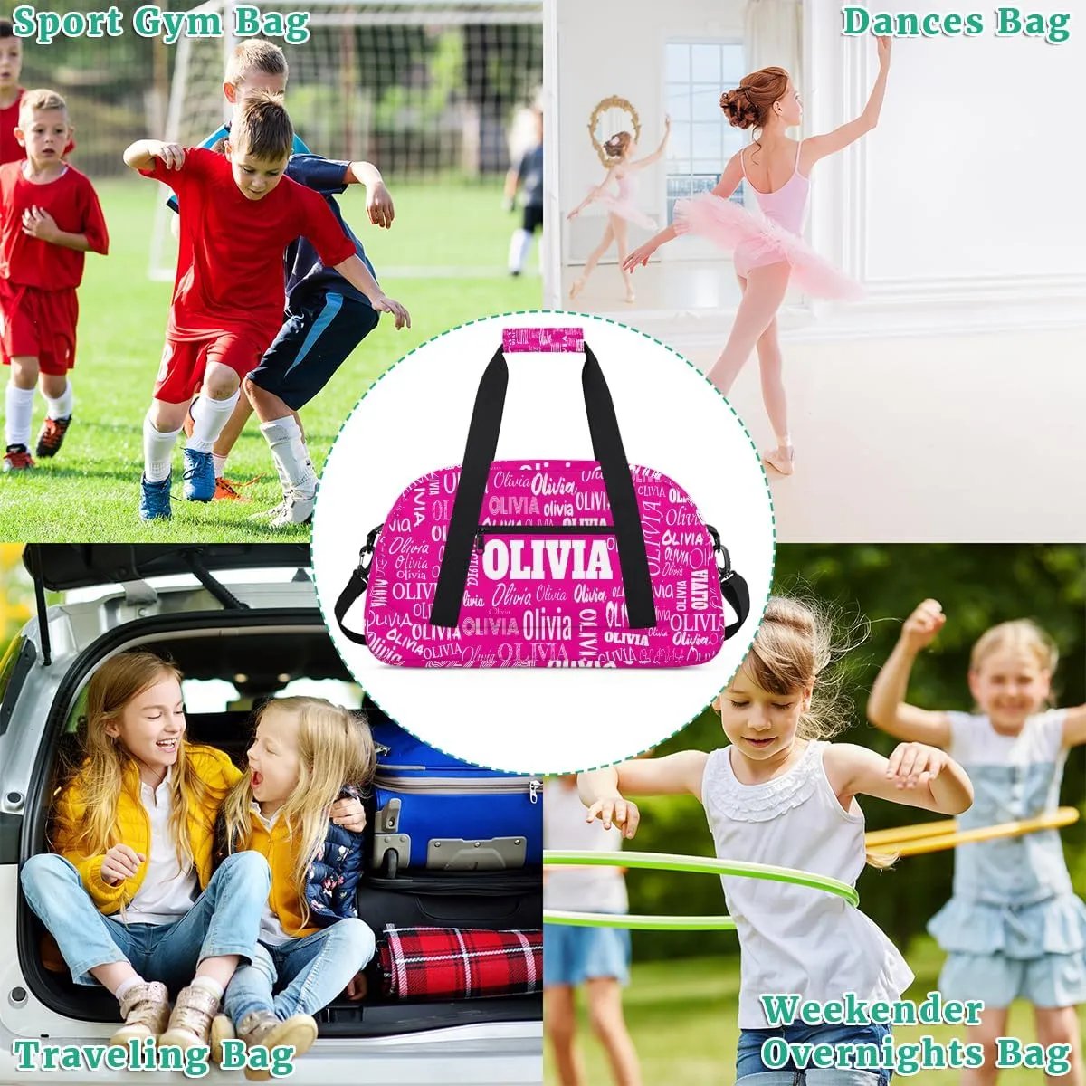 Custom Gym Dance Bag for Girls, Personalized Sports Bag for Teens Girls Waterproof Weekender Carry Practice Travel Bag, Deep Pink Rosy