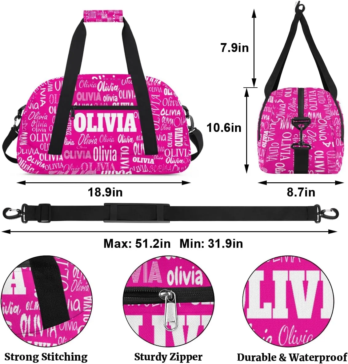 Custom Gym Dance Bag for Girls, Personalized Sports Bag for Teens Girls Waterproof Weekender Carry Practice Travel Bag, Deep Pink Rosy