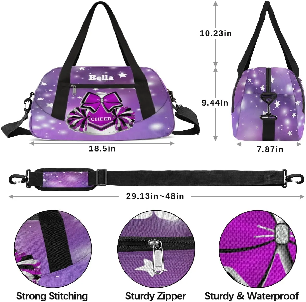 Custom Kids Sports Duffel Bag Abstract Purple Polka Dots Stars Cheer Personalized Dance Gym Bag for Boys Girls Lightweight Weekender Travel Duffle Cheer Bag