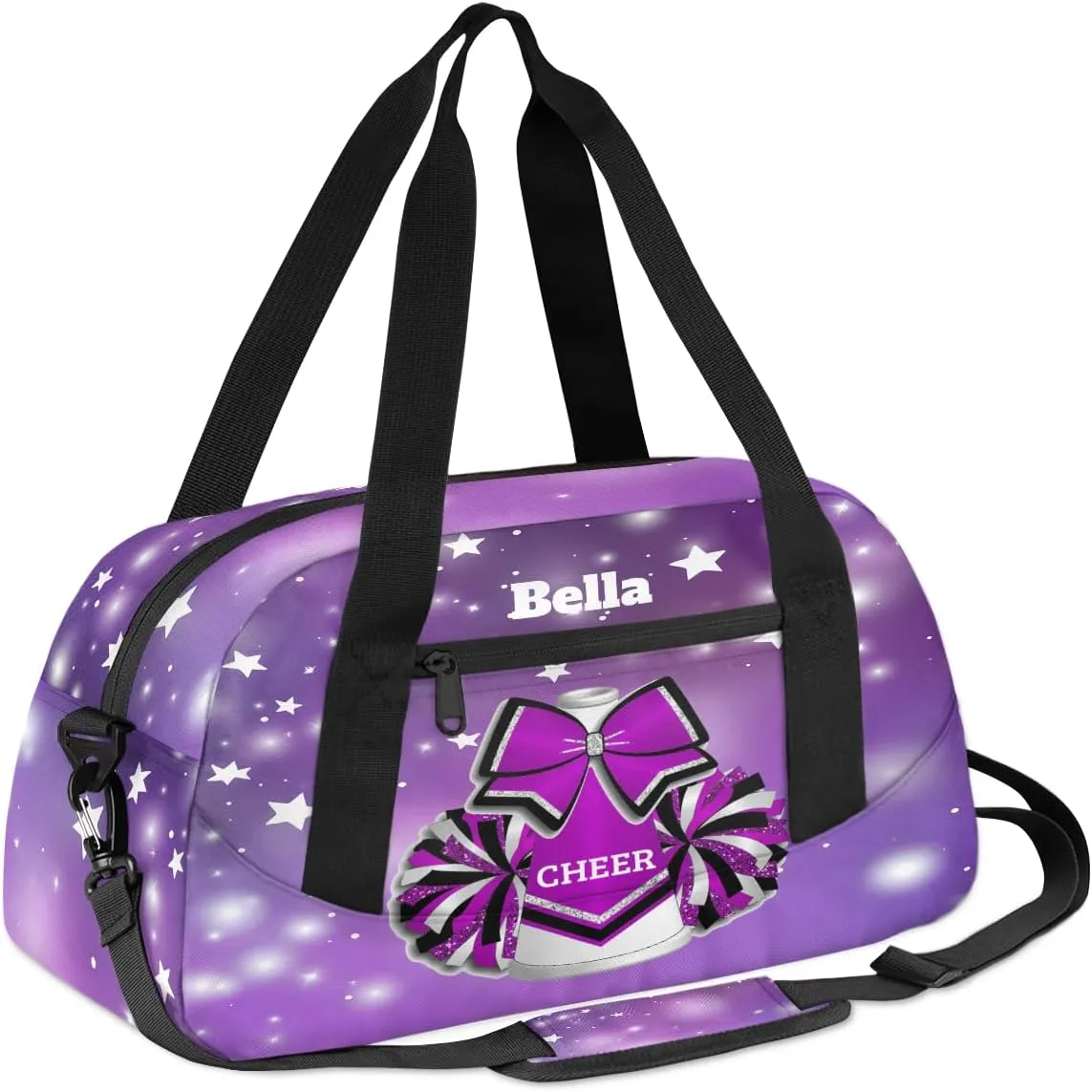 Custom Kids Sports Duffel Bag Abstract Purple Polka Dots Stars Cheer Personalized Dance Gym Bag for Boys Girls Lightweight Weekender Travel Duffle Cheer Bag