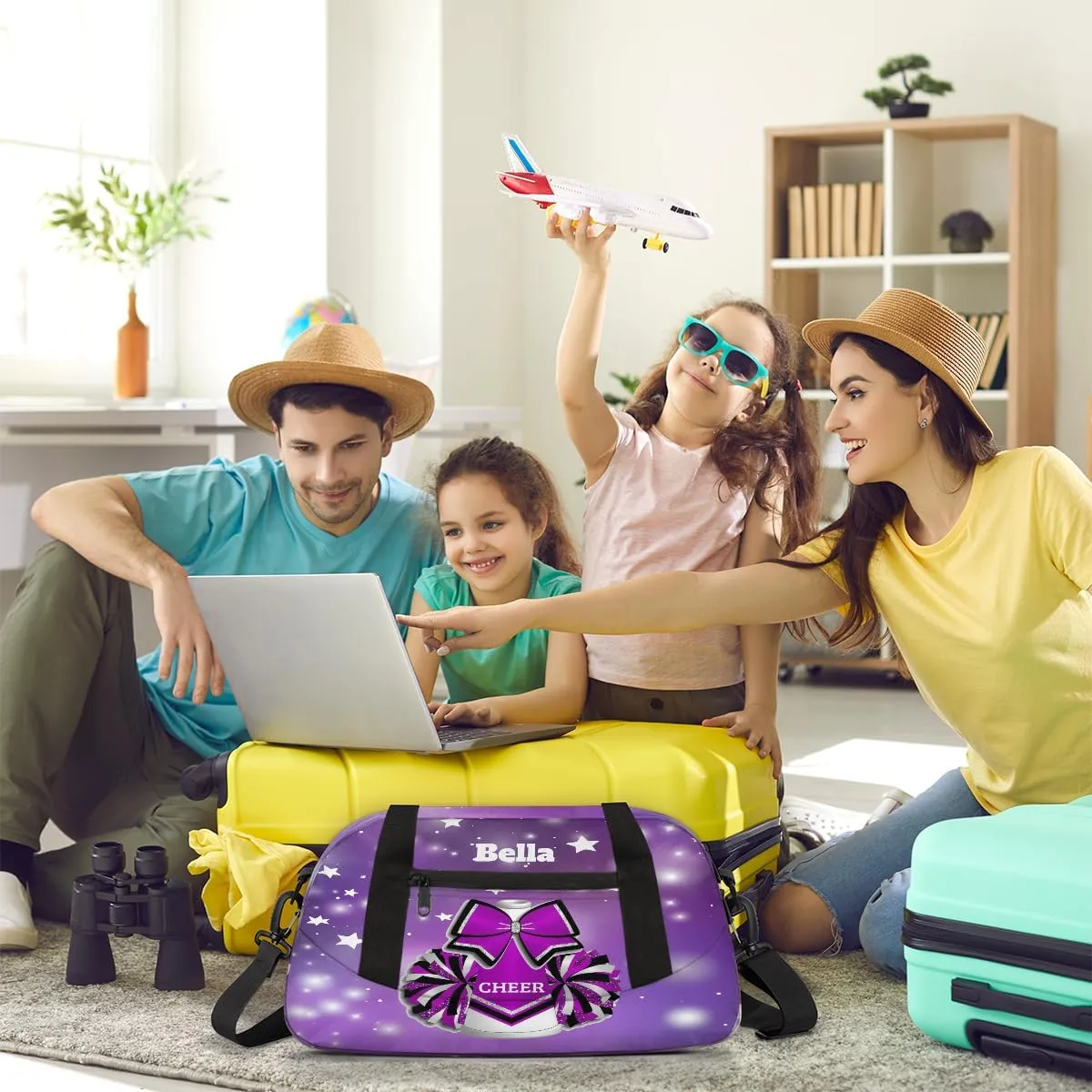 Custom Kids Sports Duffel Bag Abstract Purple Polka Dots Stars Cheer Personalized Dance Gym Bag for Boys Girls Lightweight Weekender Travel Duffle Cheer Bag