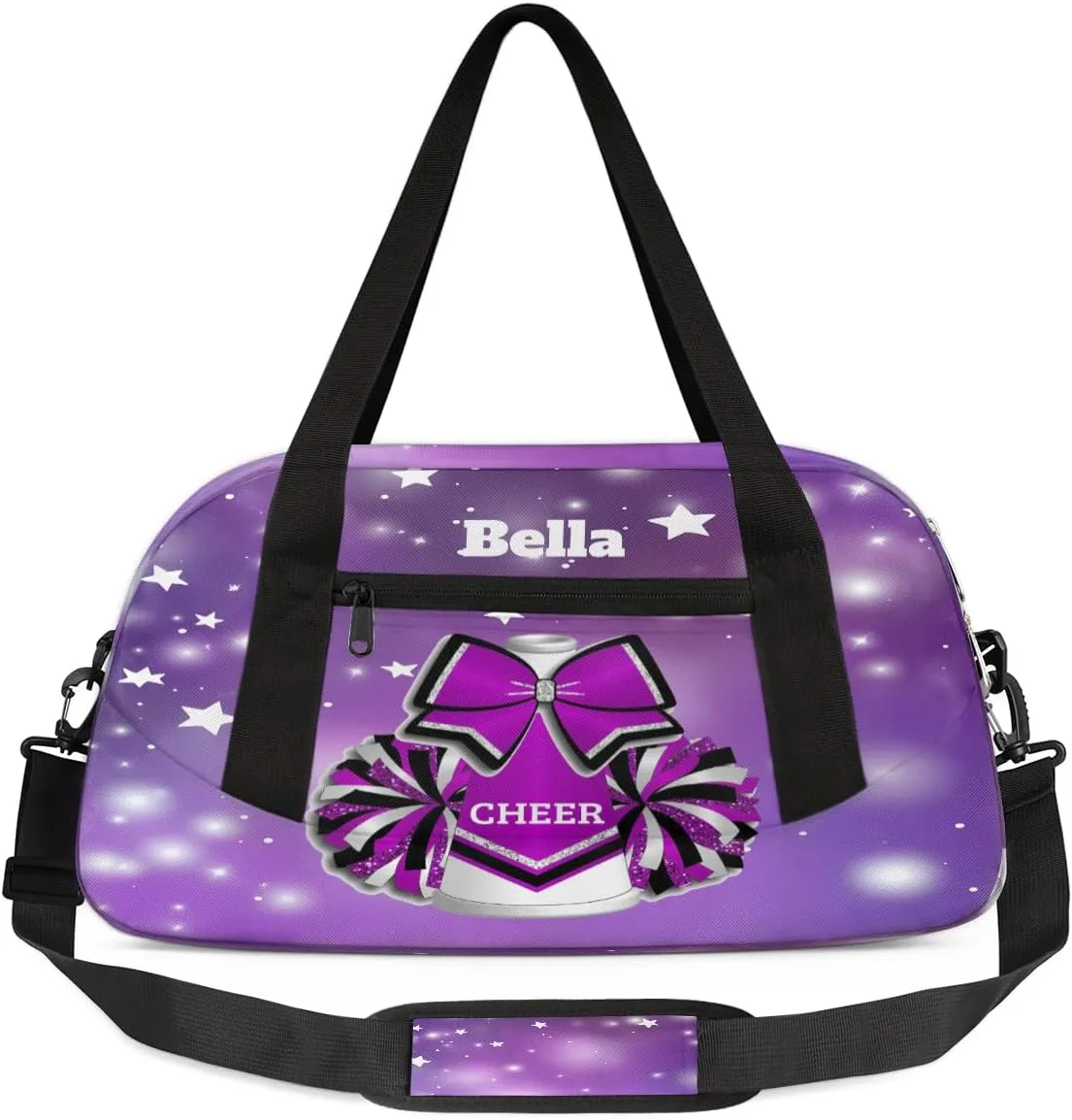 Custom Kids Sports Duffel Bag Abstract Purple Polka Dots Stars Cheer Personalized Dance Gym Bag for Boys Girls Lightweight Weekender Travel Duffle Cheer Bag