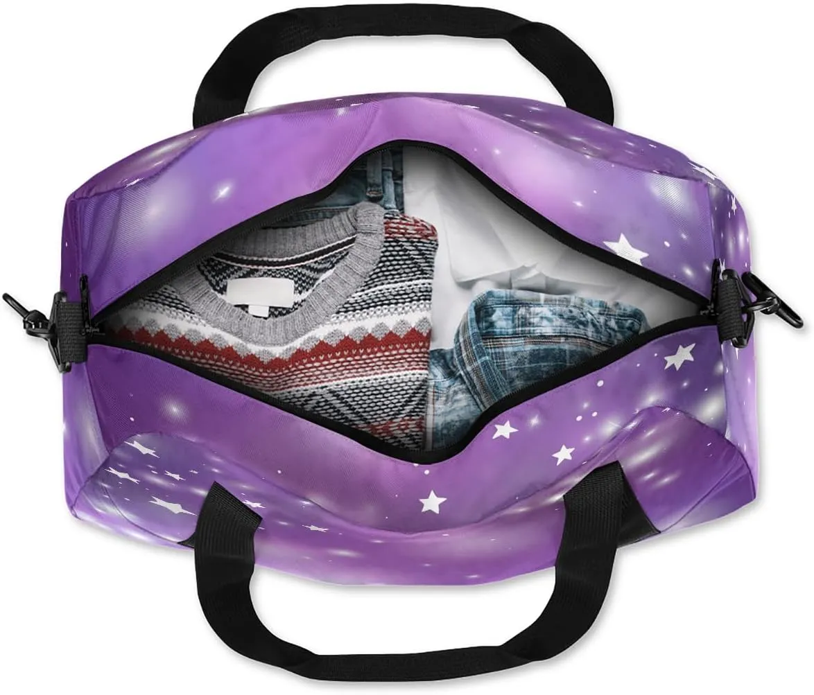 Custom Kids Sports Duffel Bag Abstract Purple Polka Dots Stars Cheer Personalized Dance Gym Bag for Boys Girls Lightweight Weekender Travel Duffle Cheer Bag