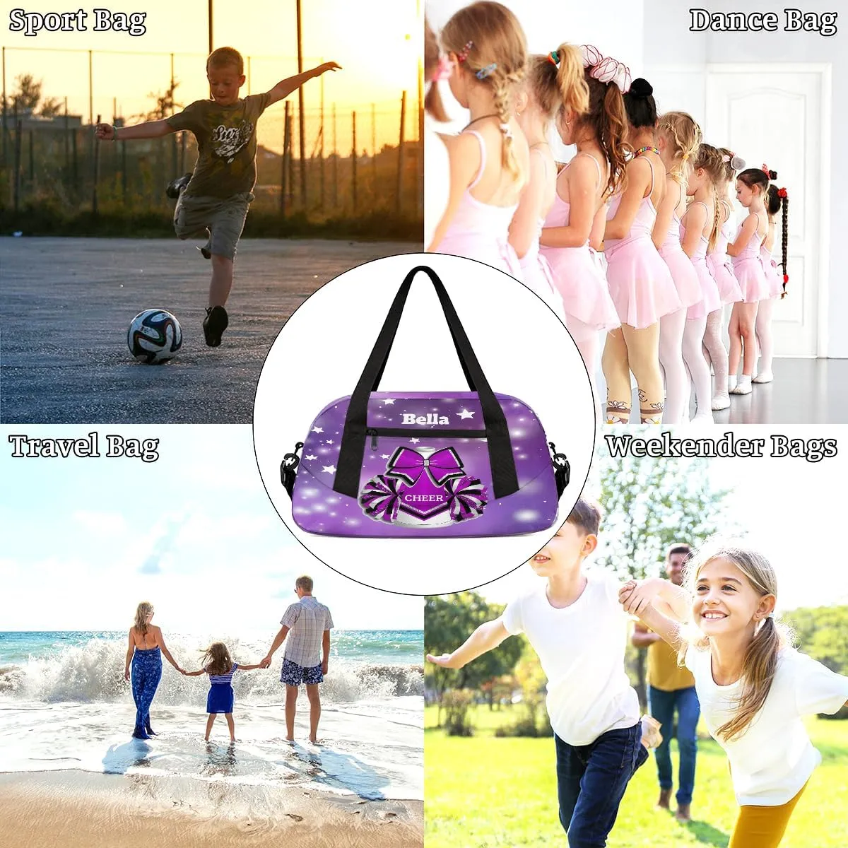 Custom Kids Sports Duffel Bag Abstract Purple Polka Dots Stars Cheer Personalized Dance Gym Bag for Boys Girls Lightweight Weekender Travel Duffle Cheer Bag