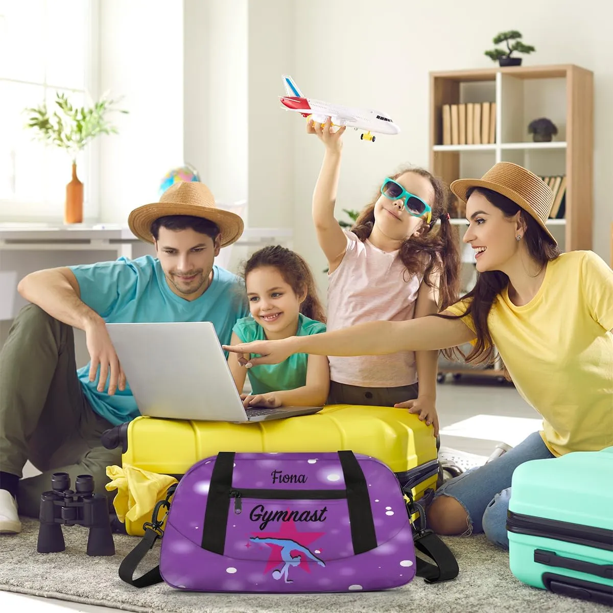 Custom Kids Sports Duffel Bag Purple Background White Polka Dots Gym Personalized Dance Gym Bag for Boys Girls Lightweight Weekender Travel Duffle Cheer Bag