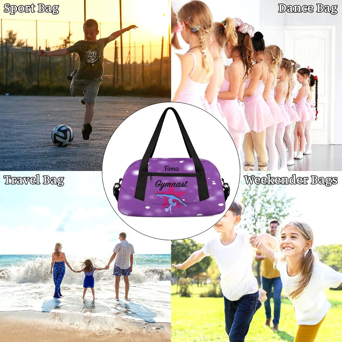 Custom Kids Sports Duffel Bag Purple Background White Polka Dots Gym Personalized Dance Gym Bag for Boys Girls Lightweight Weekender Travel Duffle Cheer Bag