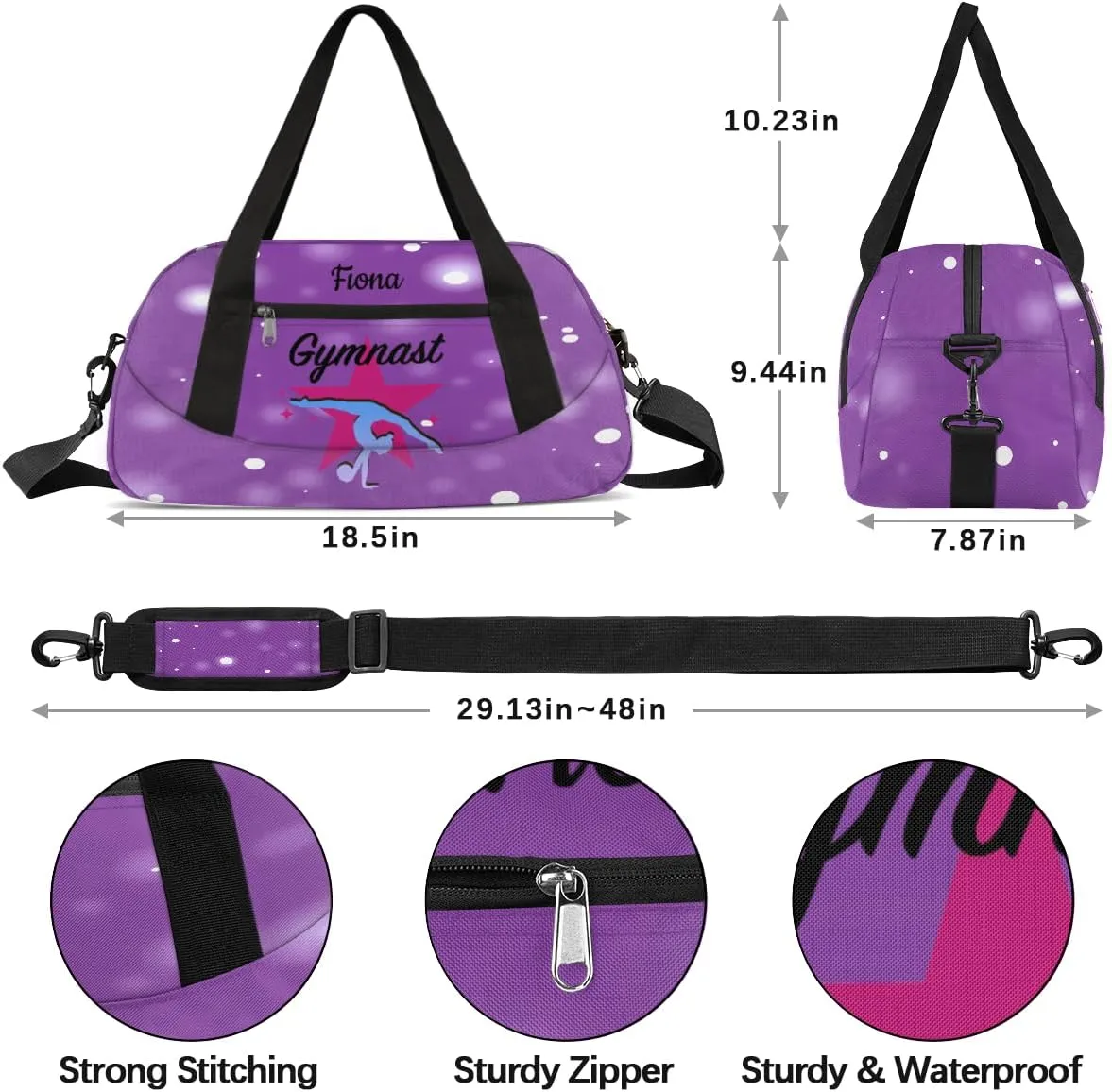 Custom Kids Sports Duffel Bag Purple Background White Polka Dots Gym Personalized Dance Gym Bag for Boys Girls Lightweight Weekender Travel Duffle Cheer Bag