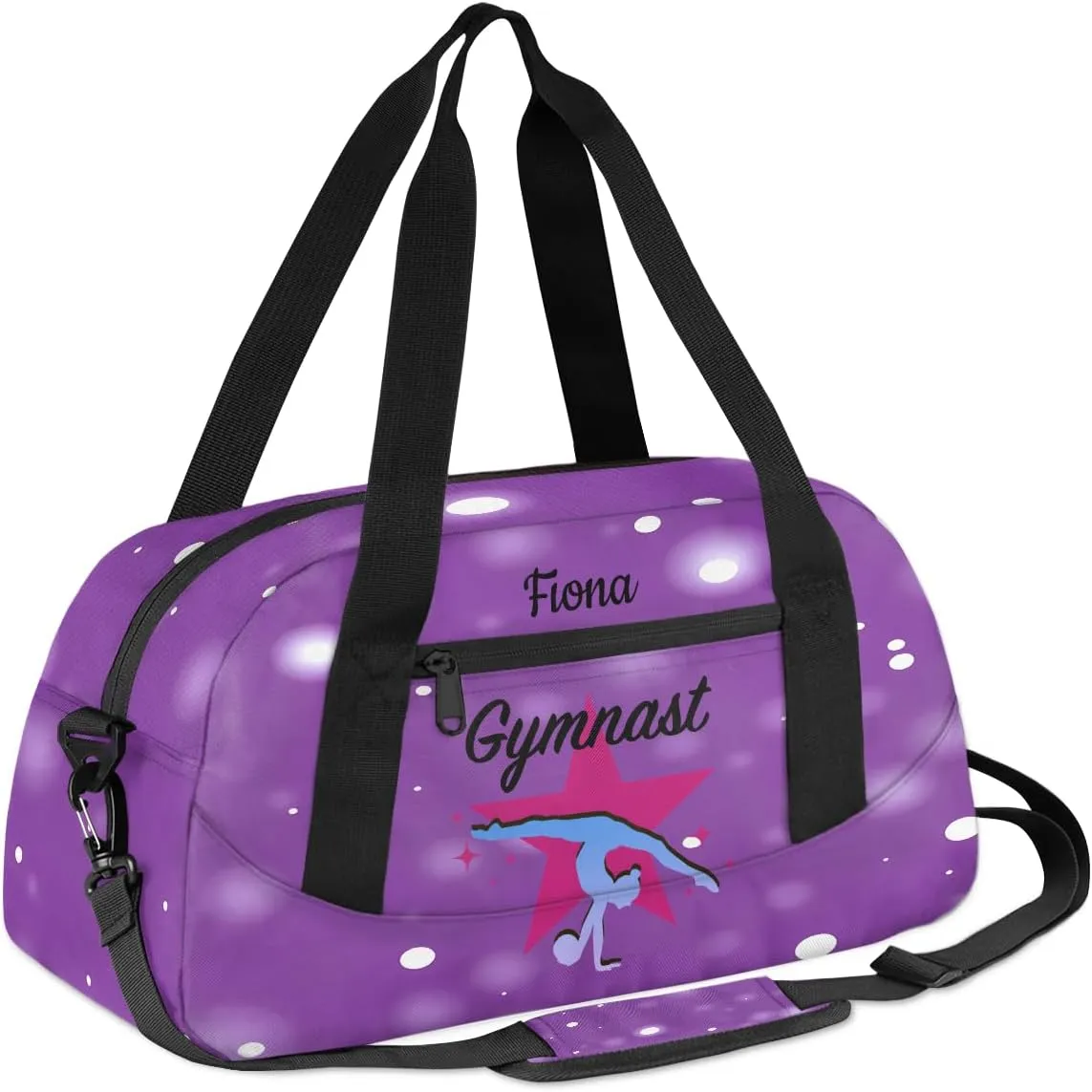 Custom Kids Sports Duffel Bag Purple Background White Polka Dots Gym Personalized Dance Gym Bag for Boys Girls Lightweight Weekender Travel Duffle Cheer Bag