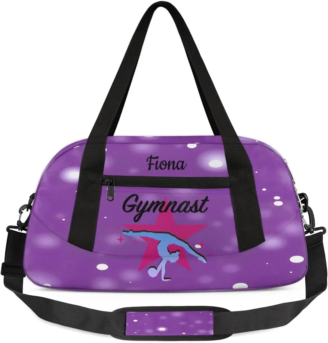 Custom Kids Sports Duffel Bag Purple Background White Polka Dots Gym Personalized Dance Gym Bag for Boys Girls Lightweight Weekender Travel Duffle Cheer Bag