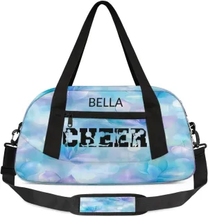 Custom Kids Sports Duffel Bag Purple Blue Bokeh Sparkling Floral Cheers Personalized Dance Gym Bag for Boys Girls Lightweight Weekender Travel Duffle Cheer Bag