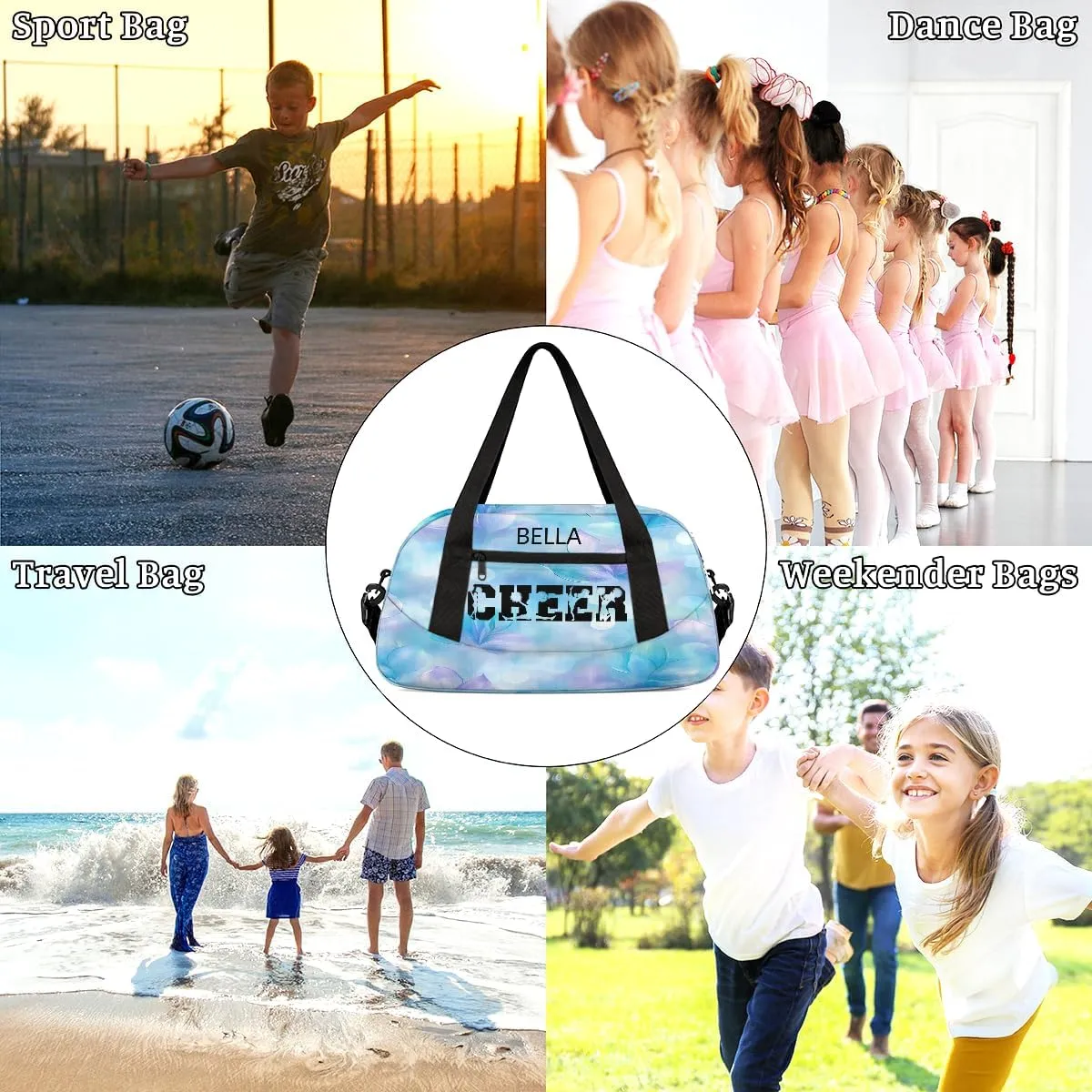 Custom Kids Sports Duffel Bag Purple Blue Bokeh Sparkling Floral Cheers Personalized Dance Gym Bag for Boys Girls Lightweight Weekender Travel Duffle Cheer Bag
