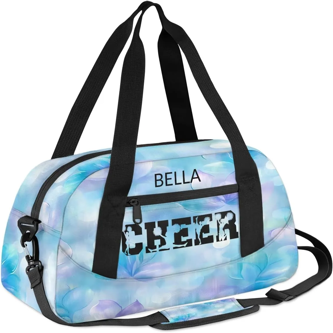 Custom Kids Sports Duffel Bag Purple Blue Bokeh Sparkling Floral Cheers Personalized Dance Gym Bag for Boys Girls Lightweight Weekender Travel Duffle Cheer Bag