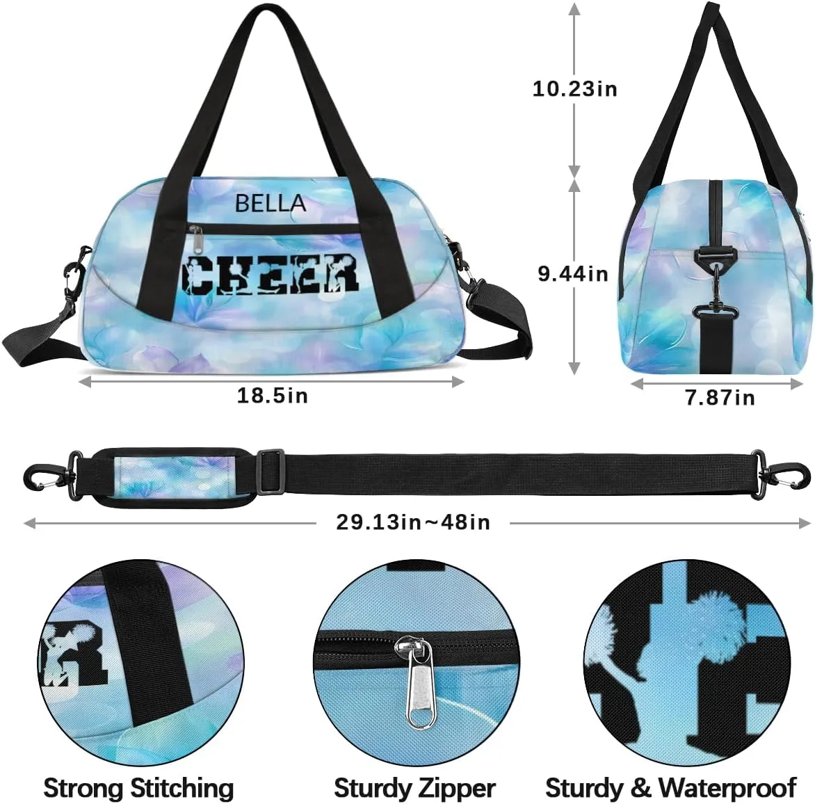 Custom Kids Sports Duffel Bag Purple Blue Bokeh Sparkling Floral Cheers Personalized Dance Gym Bag for Boys Girls Lightweight Weekender Travel Duffle Cheer Bag